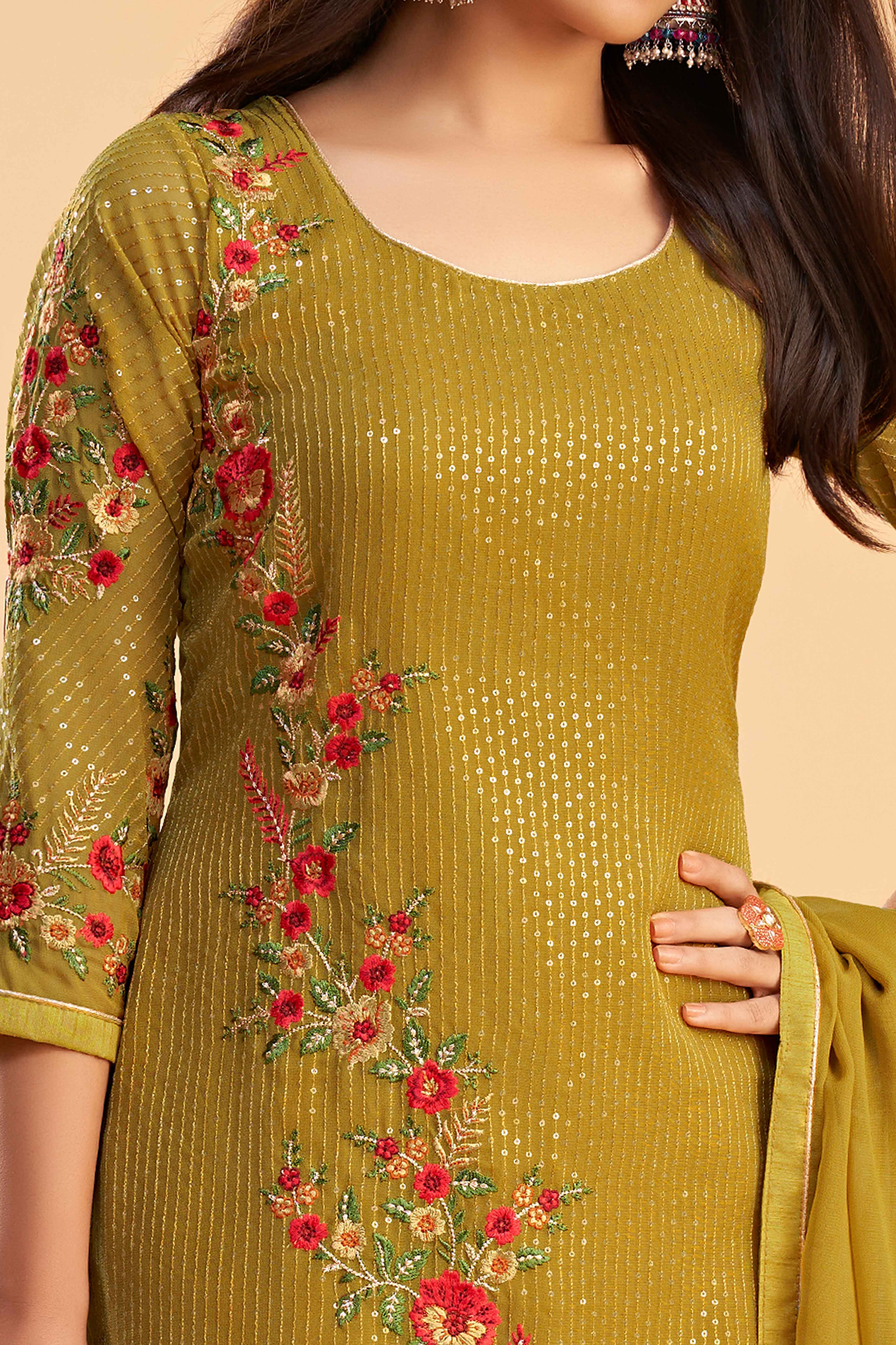 Mustard Floral Sequins Embroidered Georgette Semi Stitched Suit