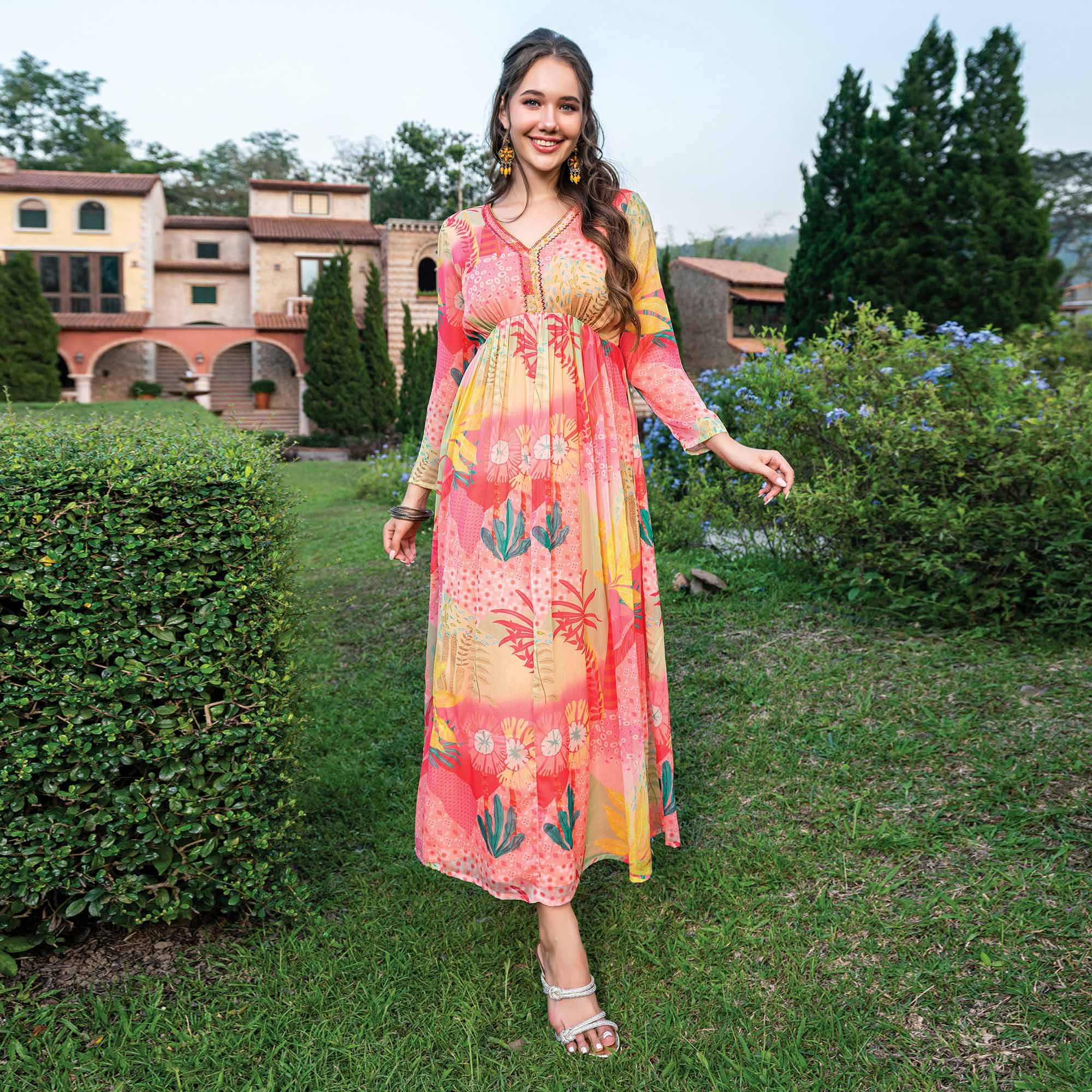 Multicolor Printed With Handwork Chiffon Dress