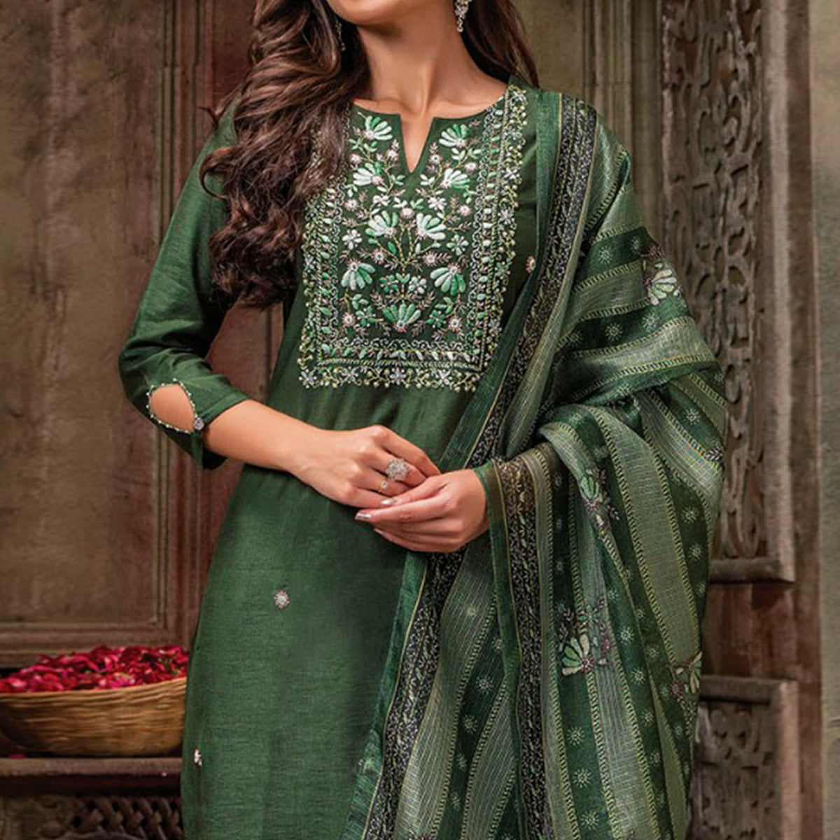 Green Handwork Embroidered Viscose Salwar Suit