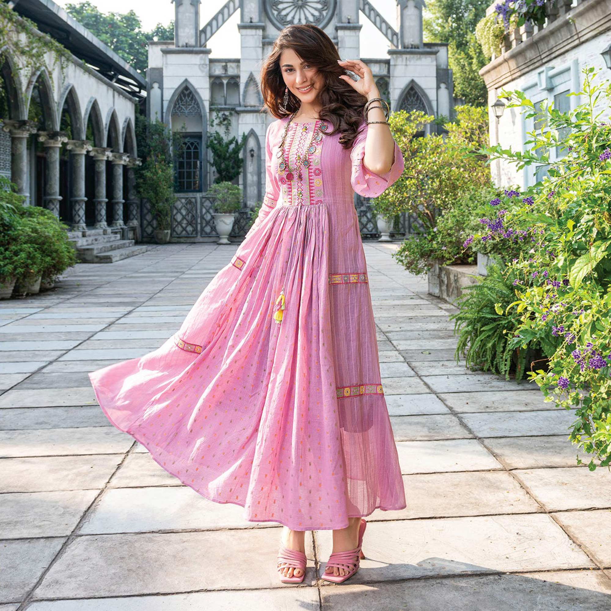 Pink Embroidered Cotton Gown