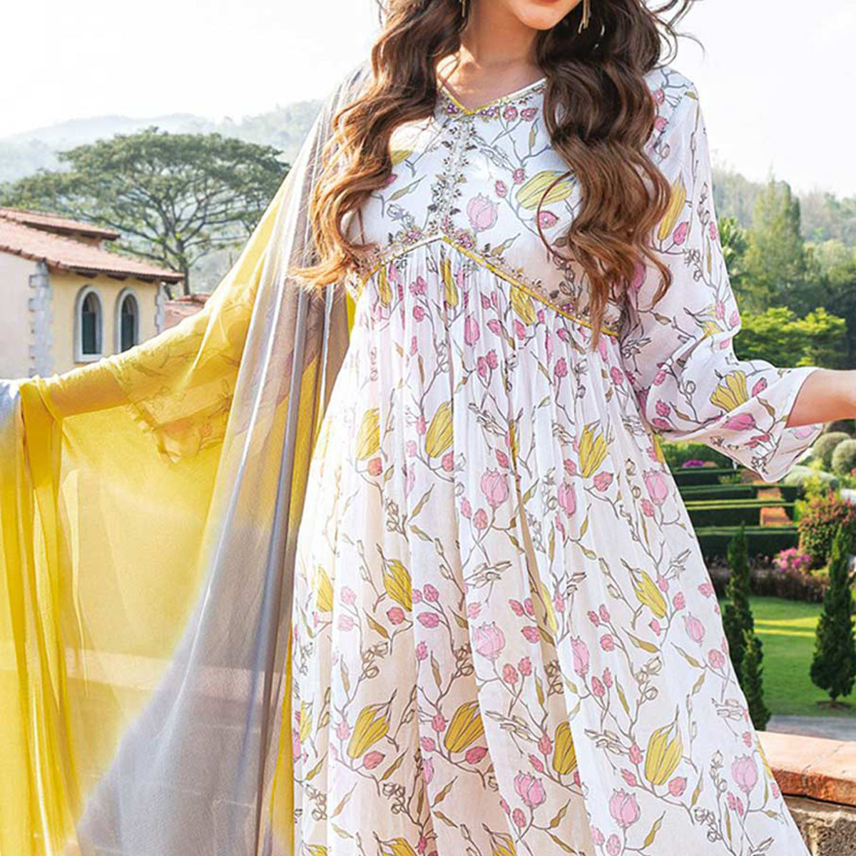 White & Yellow Floral Printed Chiffon Alia Cut Suit