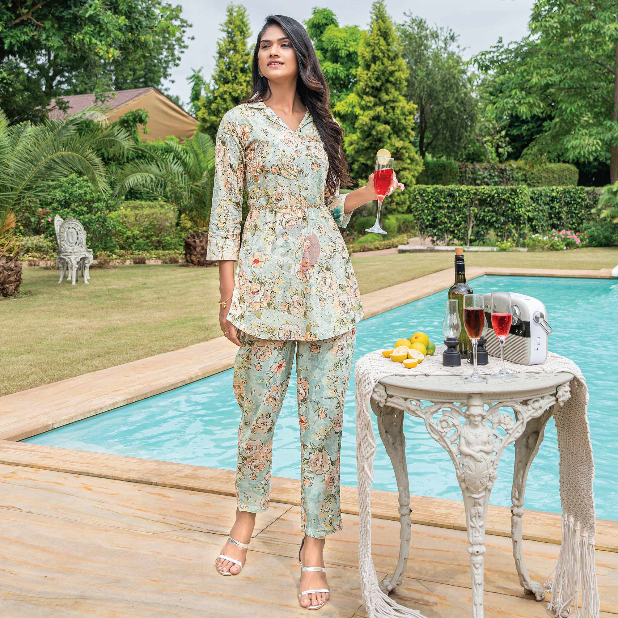 Turquoise Floral Printed Pure Cotton Co Ord Set