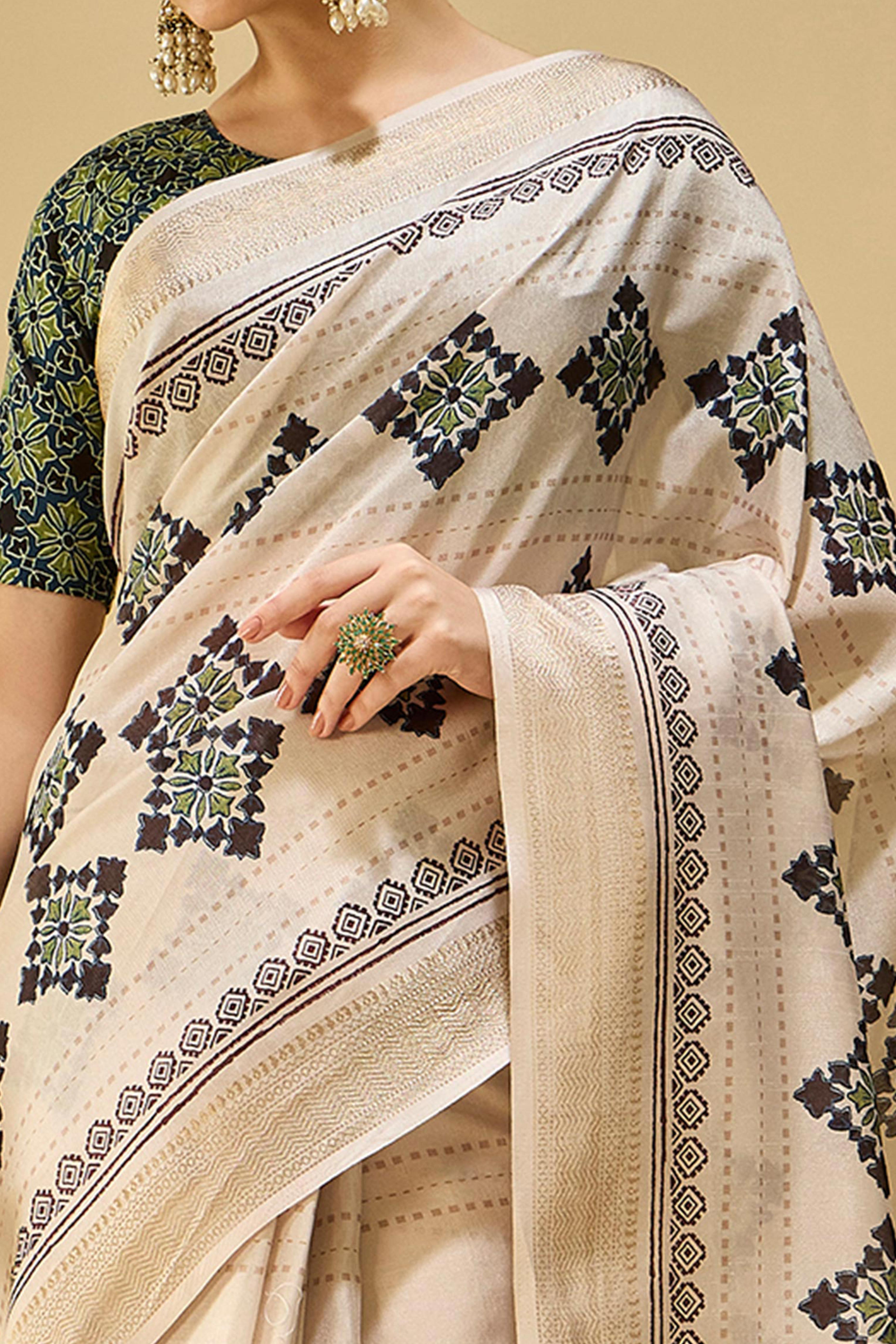 Ivory Cream Floral Printed Katki Cotton Silk Saree With Graceful Tassel Pallu