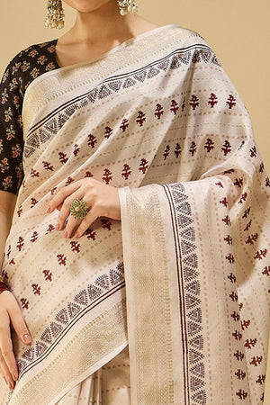 Elegant Cream Katki Cotton Silk Saree With Delicate Floral Prints & Tassel Pallu