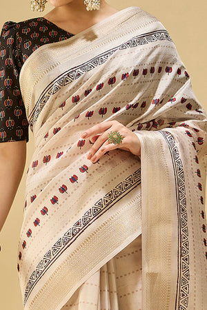 Refined Cream Floral Patterned Katki Cotton Silk Saree Highlighted By Tassel Pallu