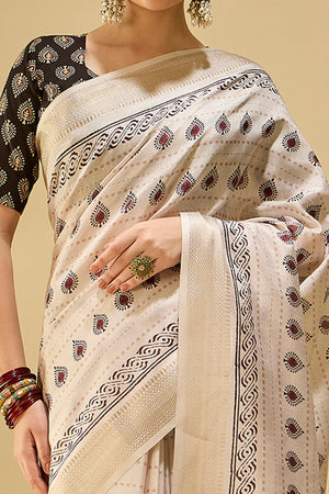 Ivory Cream Floral Printed Katki Cotton Silk Saree With Graceful Tassel Pallu