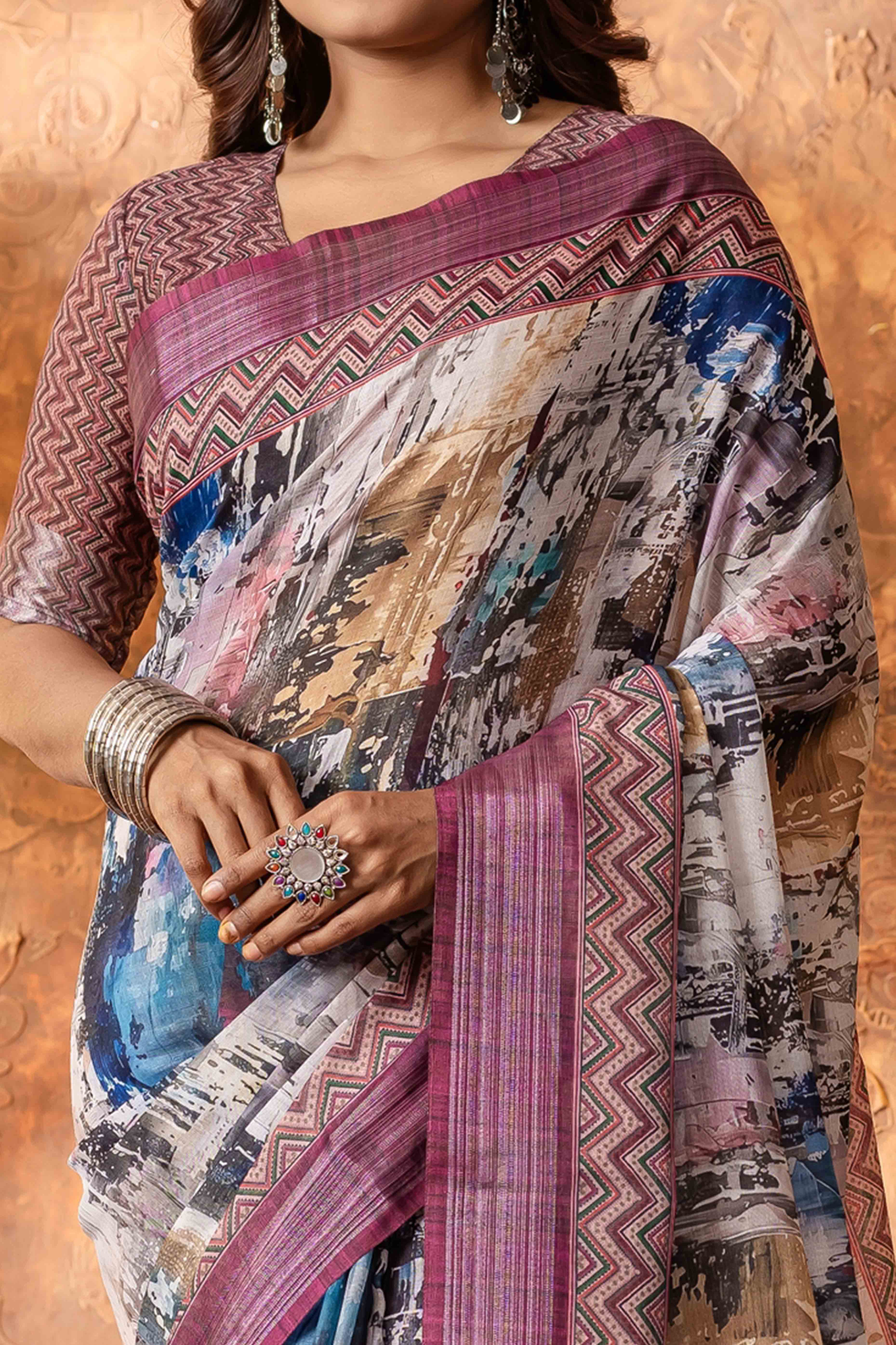 Multicolour Abstract Printed Pure Linen Saree With Zari Border