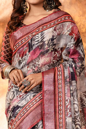 Pink and black Abstract Printed Pure Linen Saree With Zari Border