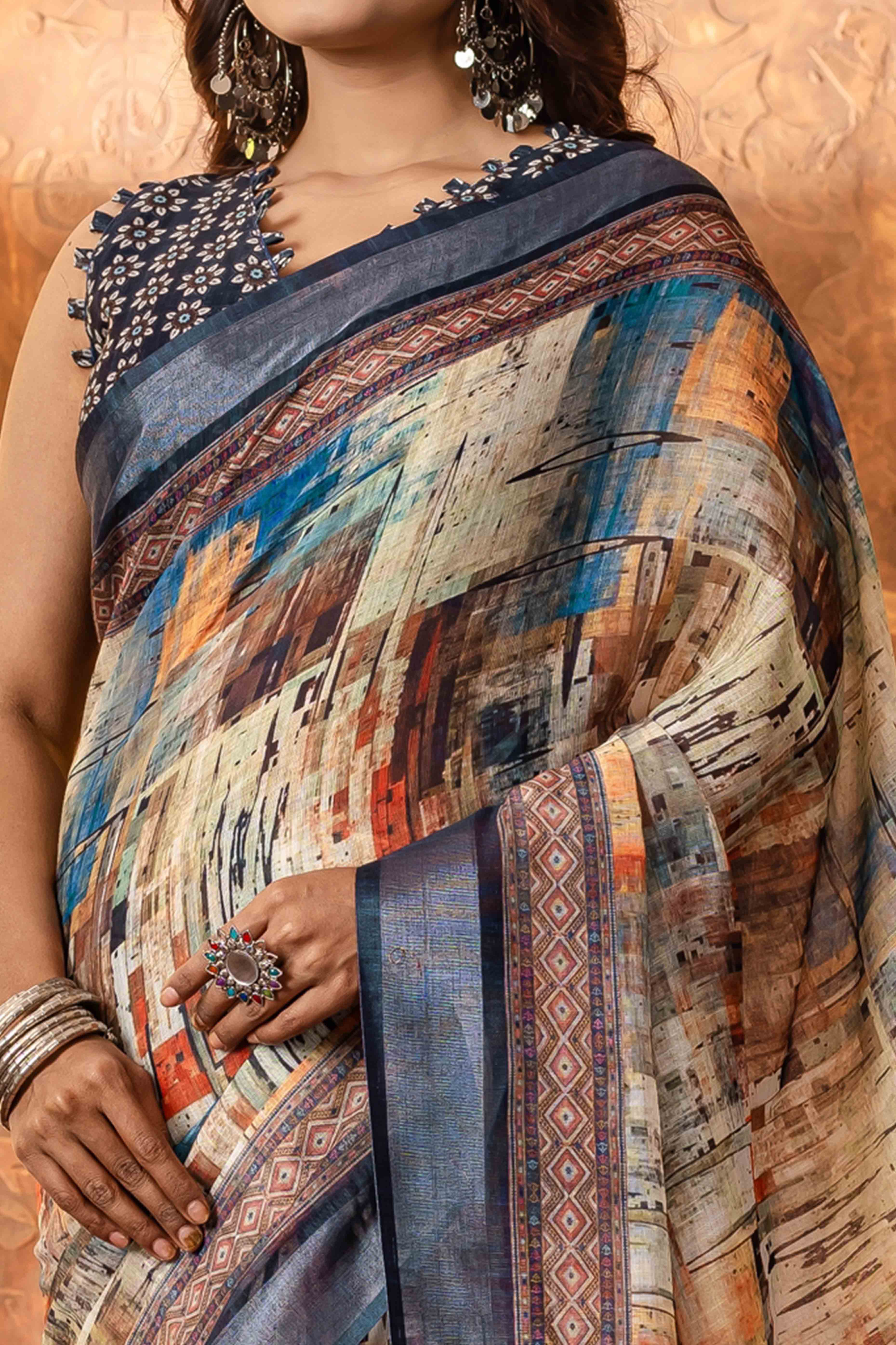 Multicolour Abstract Printed Pure Linen Saree With Zari Border