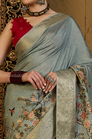 Grey Floral Printed Viscose Saree