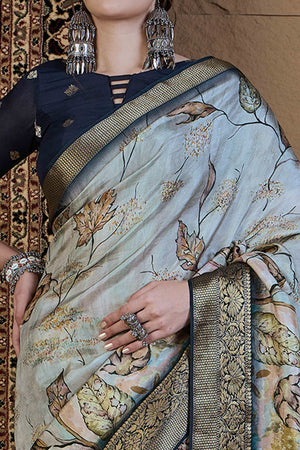 Grey Floral Printed Viscose Saree