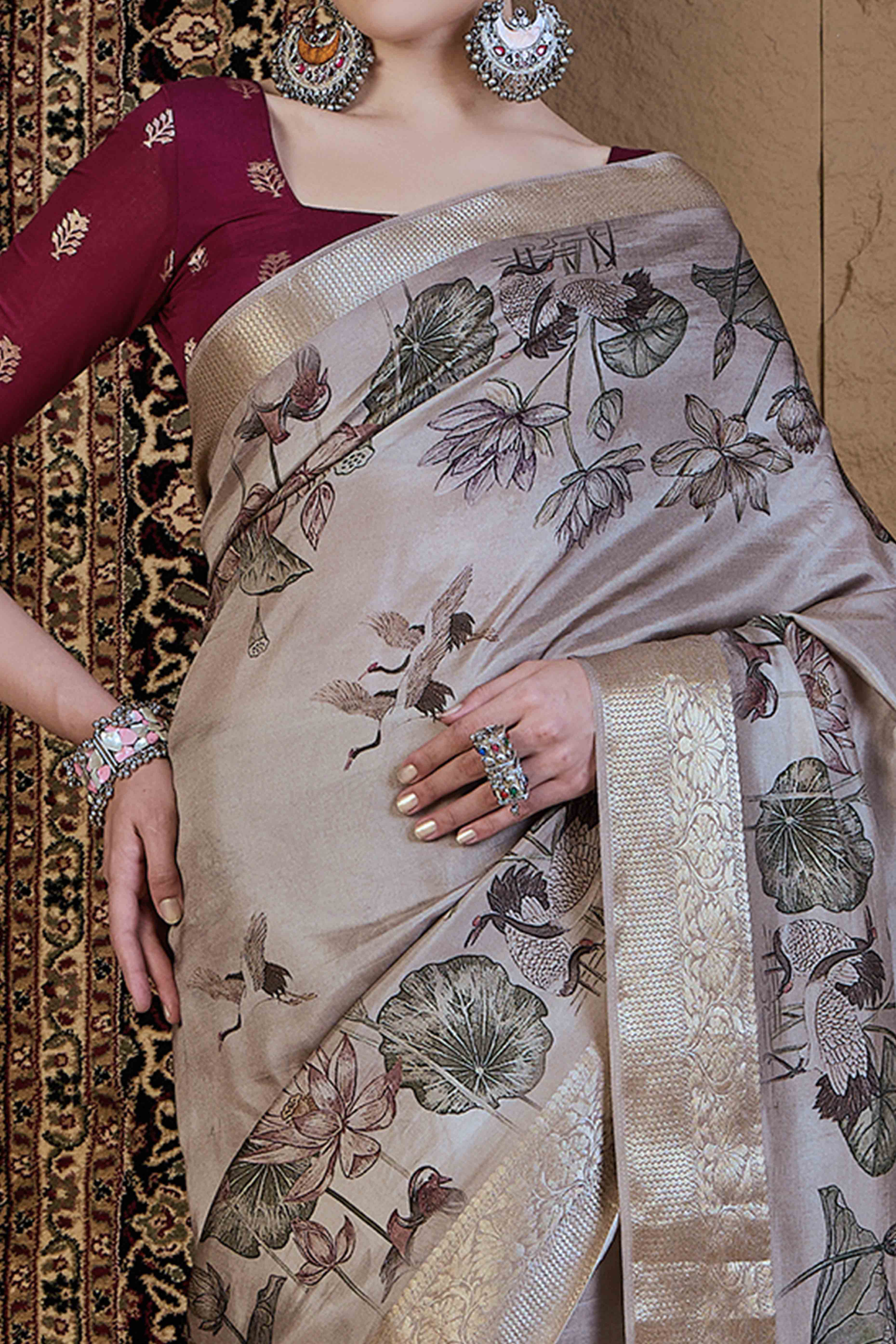 Beige Floral Printed Viscose Saree
