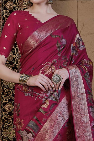 Magenta Floral Printed Viscose Saree