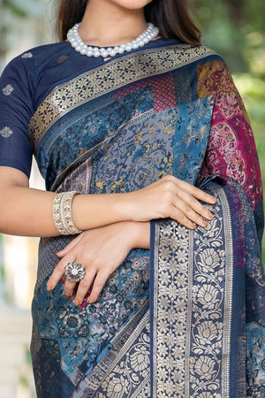 Blue Floral Printed Viscose Saree