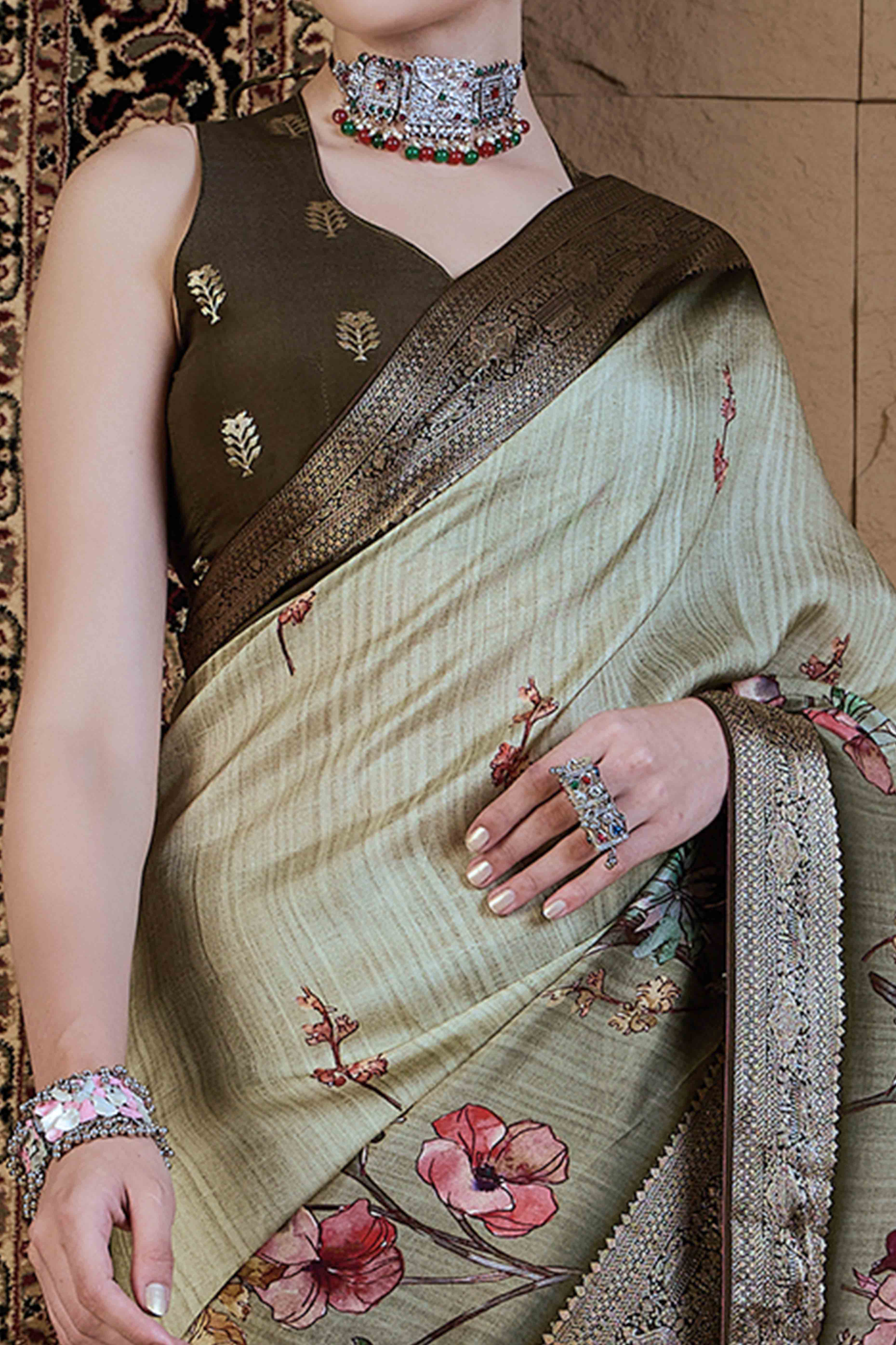 Light Green Floral Printed Viscose Saree