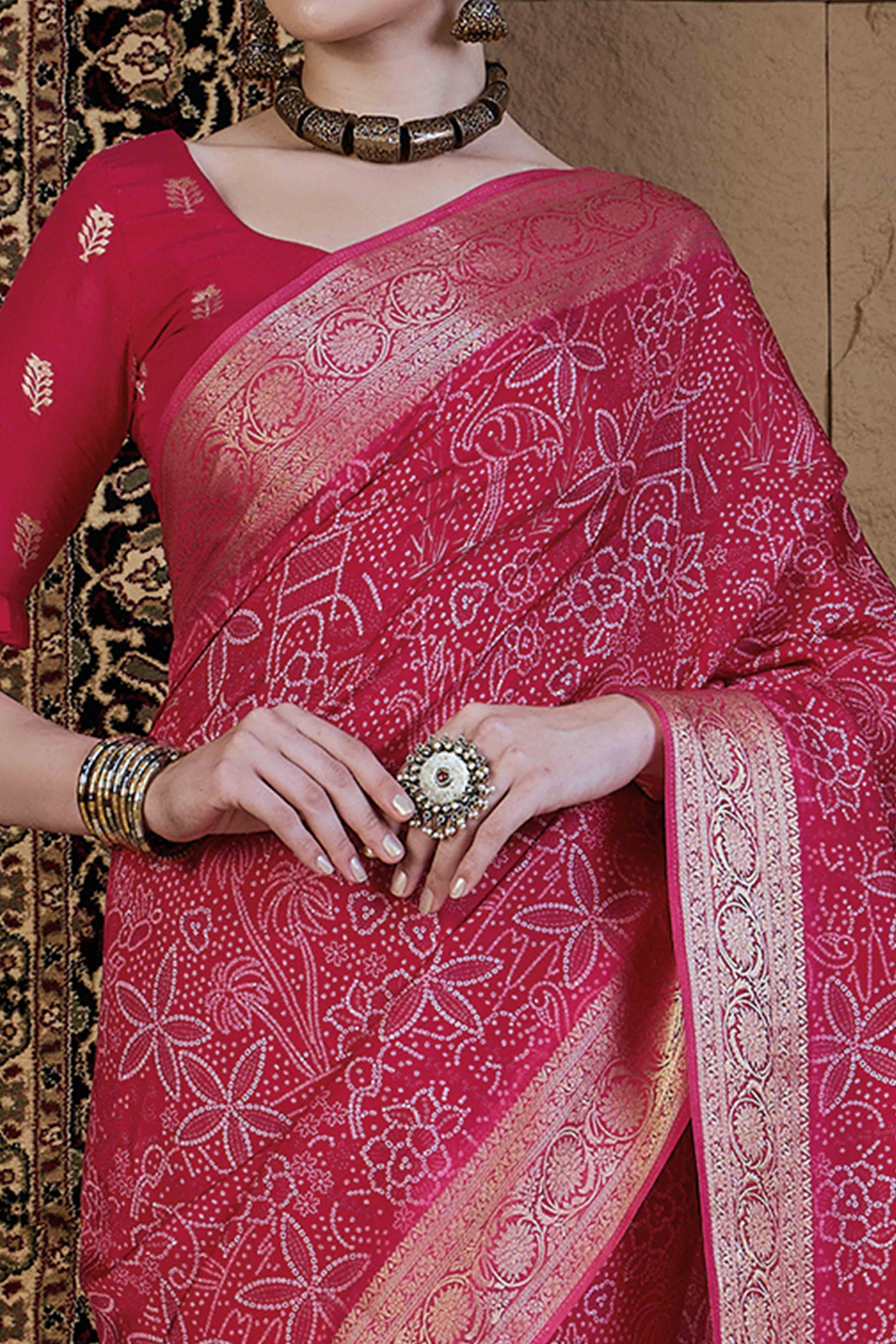 Pink Bandhani Printed Viscose Saree