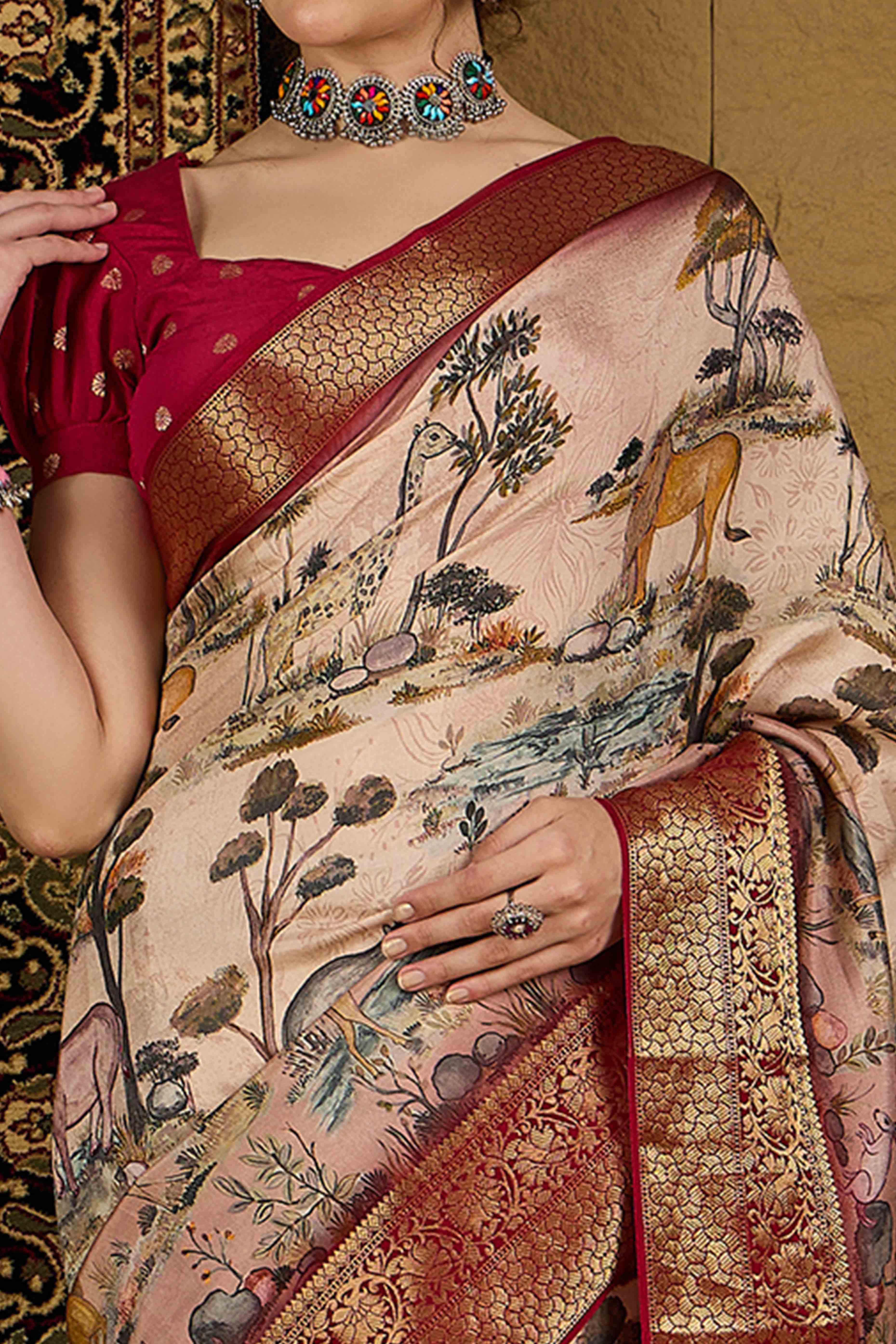 Peach Floral Printed Viscose Saree