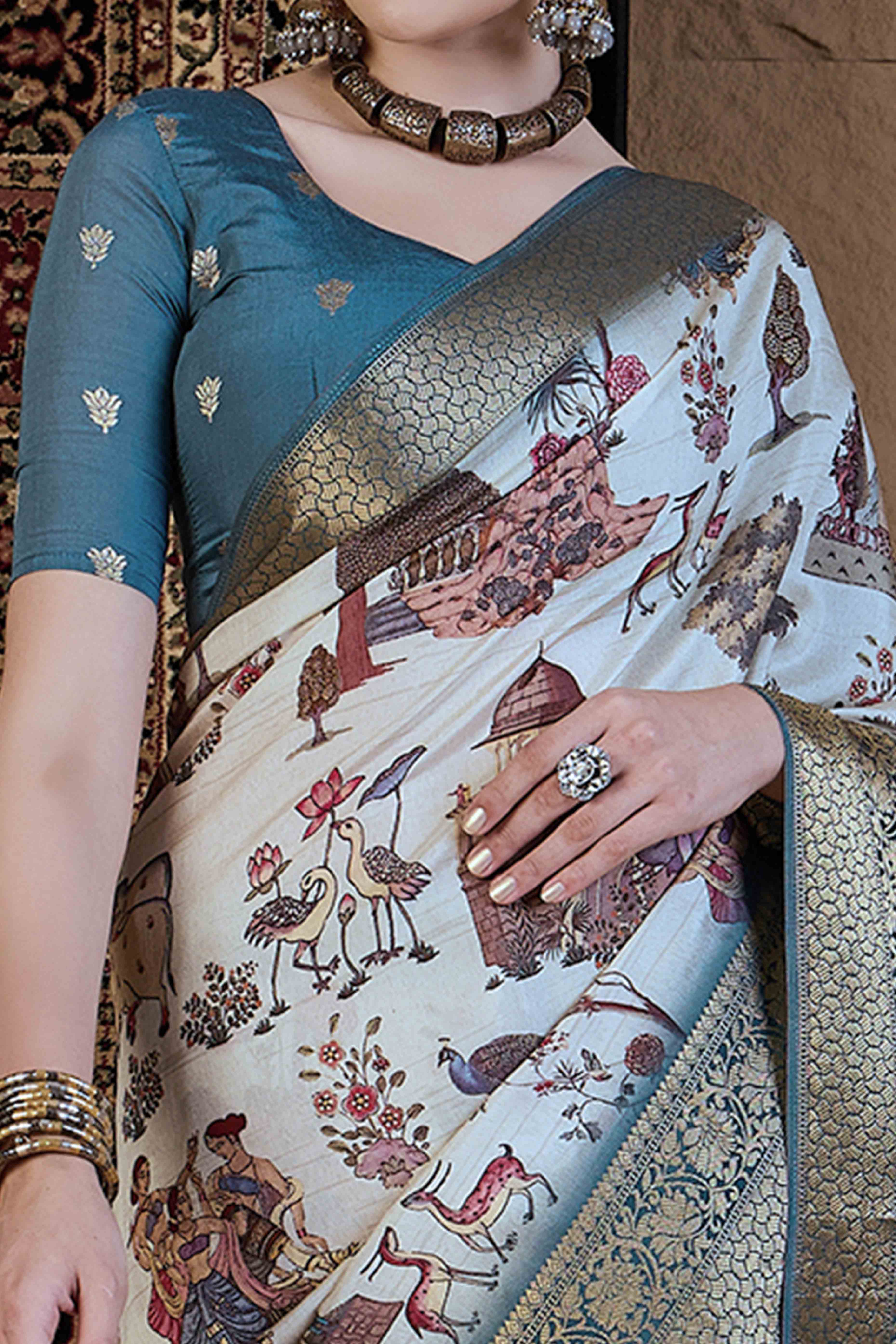 Sky Blue Floral Printed Viscose Saree