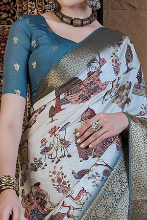Sky Blue Floral Printed Viscose Saree