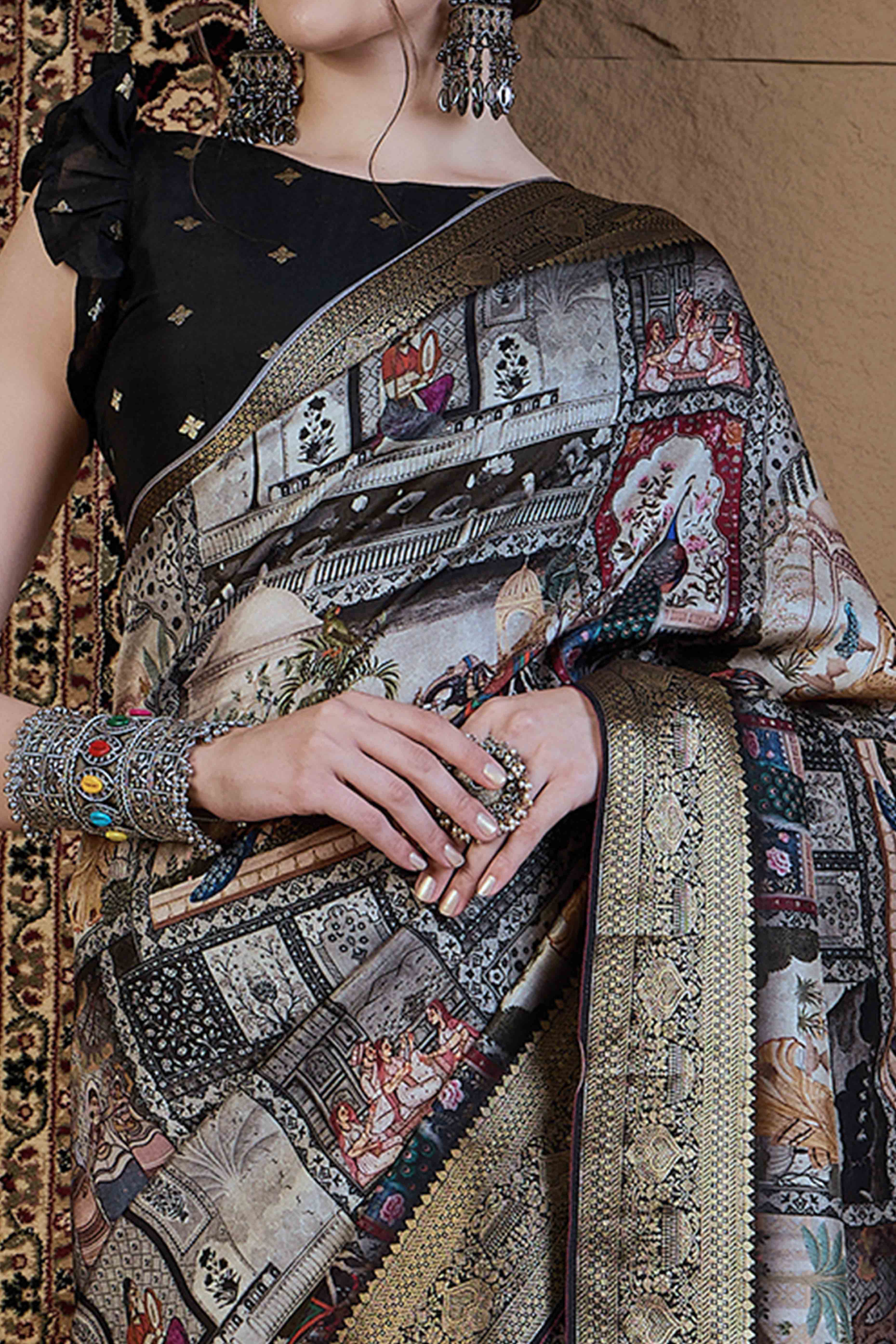 Black Abstract Print Printed Viscose Saree