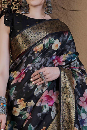 Black Floral Printed Viscose Saree