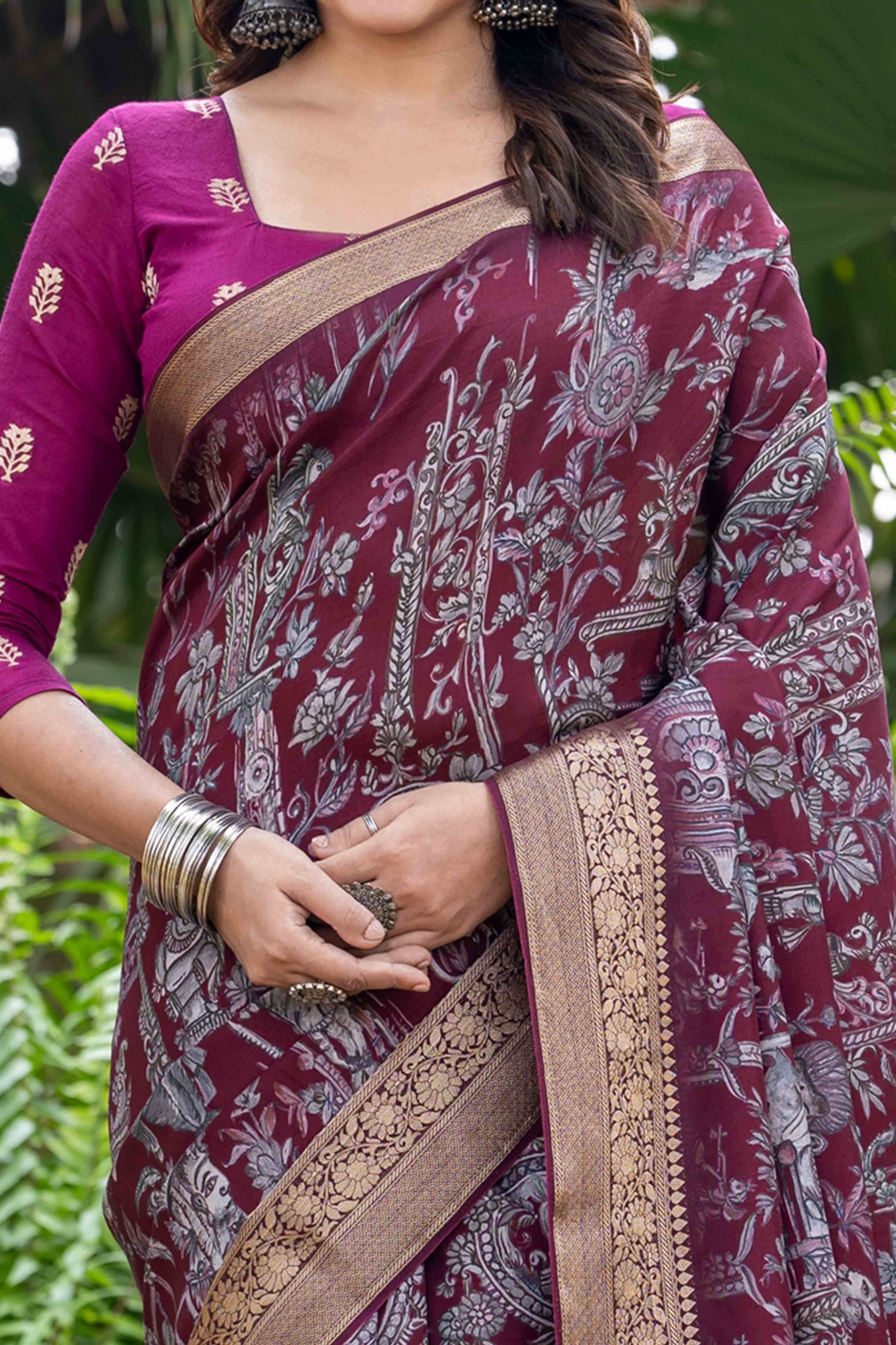 Wine Floral Printed Viscose Saree