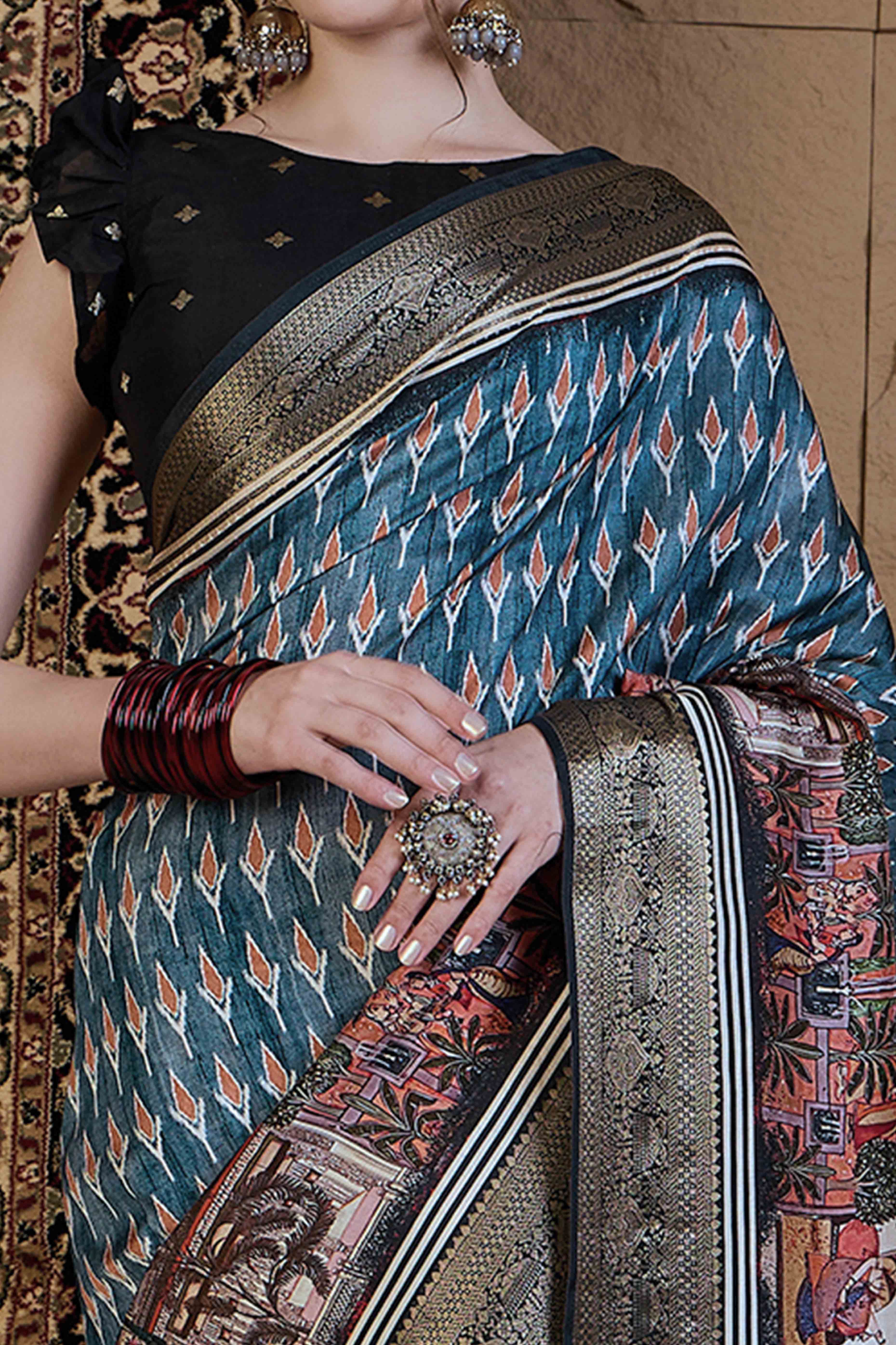 Teal Geometric Printed Viscose Saree