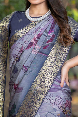 Grey Floral Printed Viscose Saree