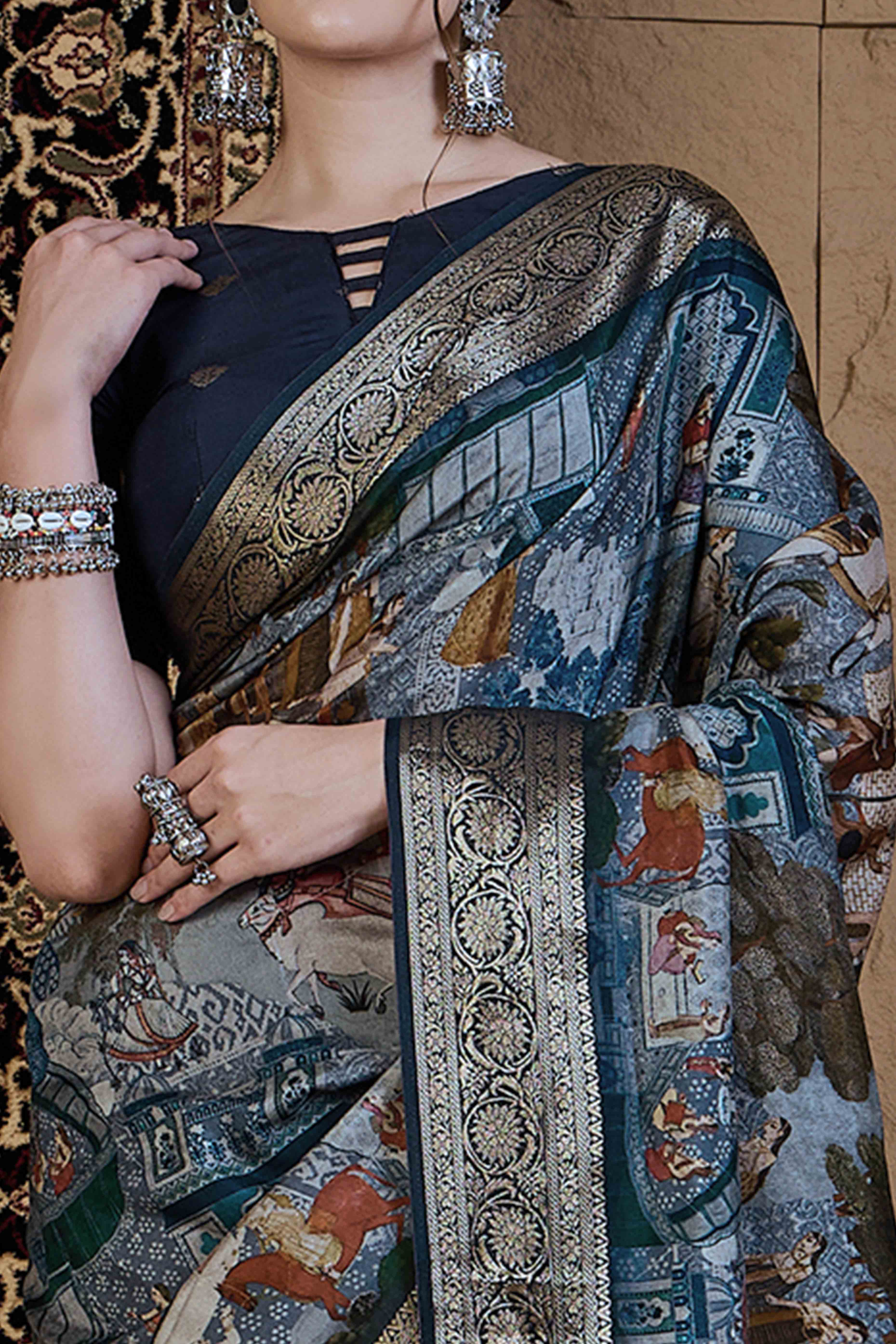 Blue Abstract Print Printed Viscose Saree