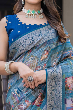 Teal Abstract Print Printed Viscose Saree