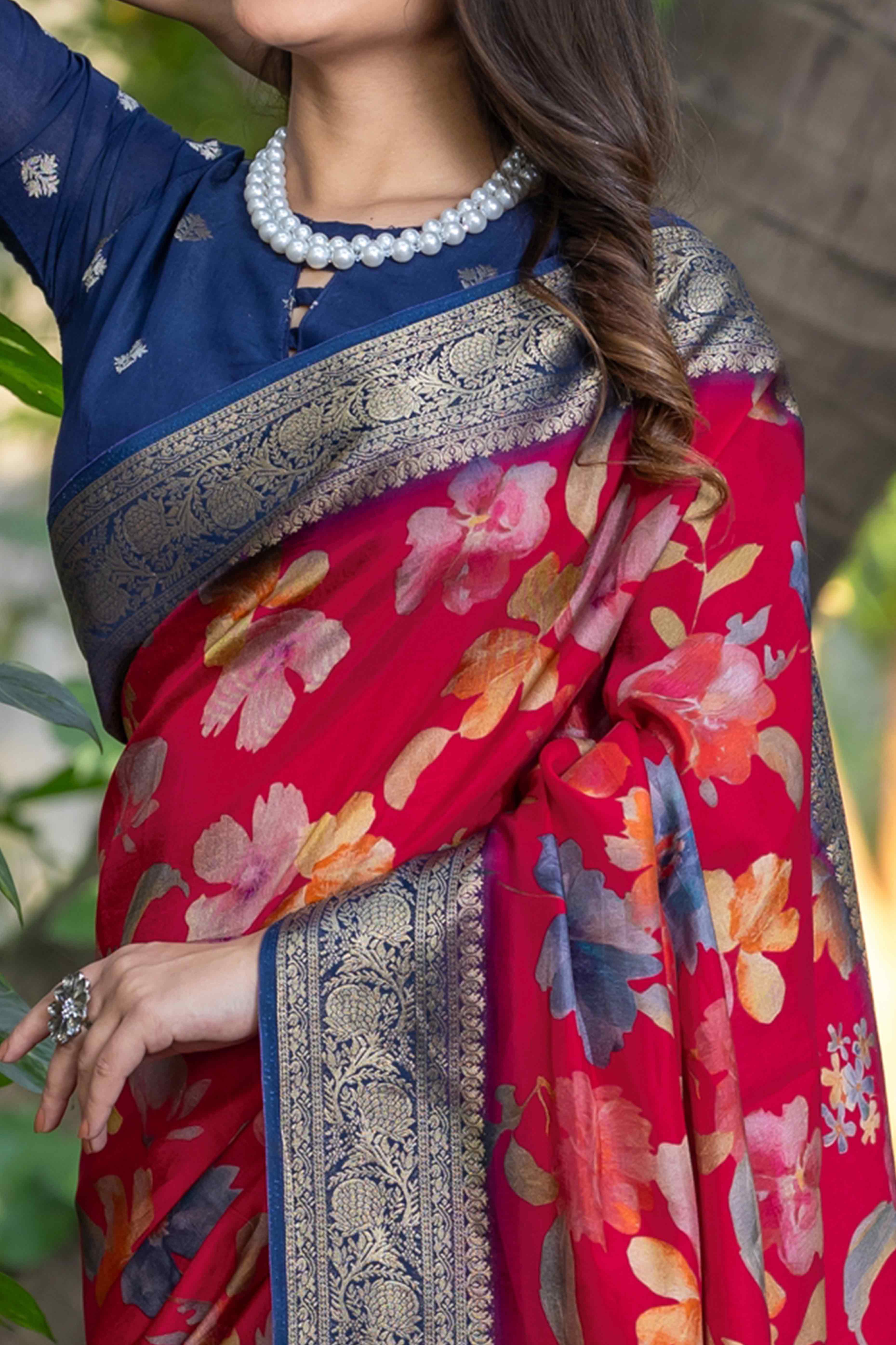 Red Floral Printed Viscose Saree