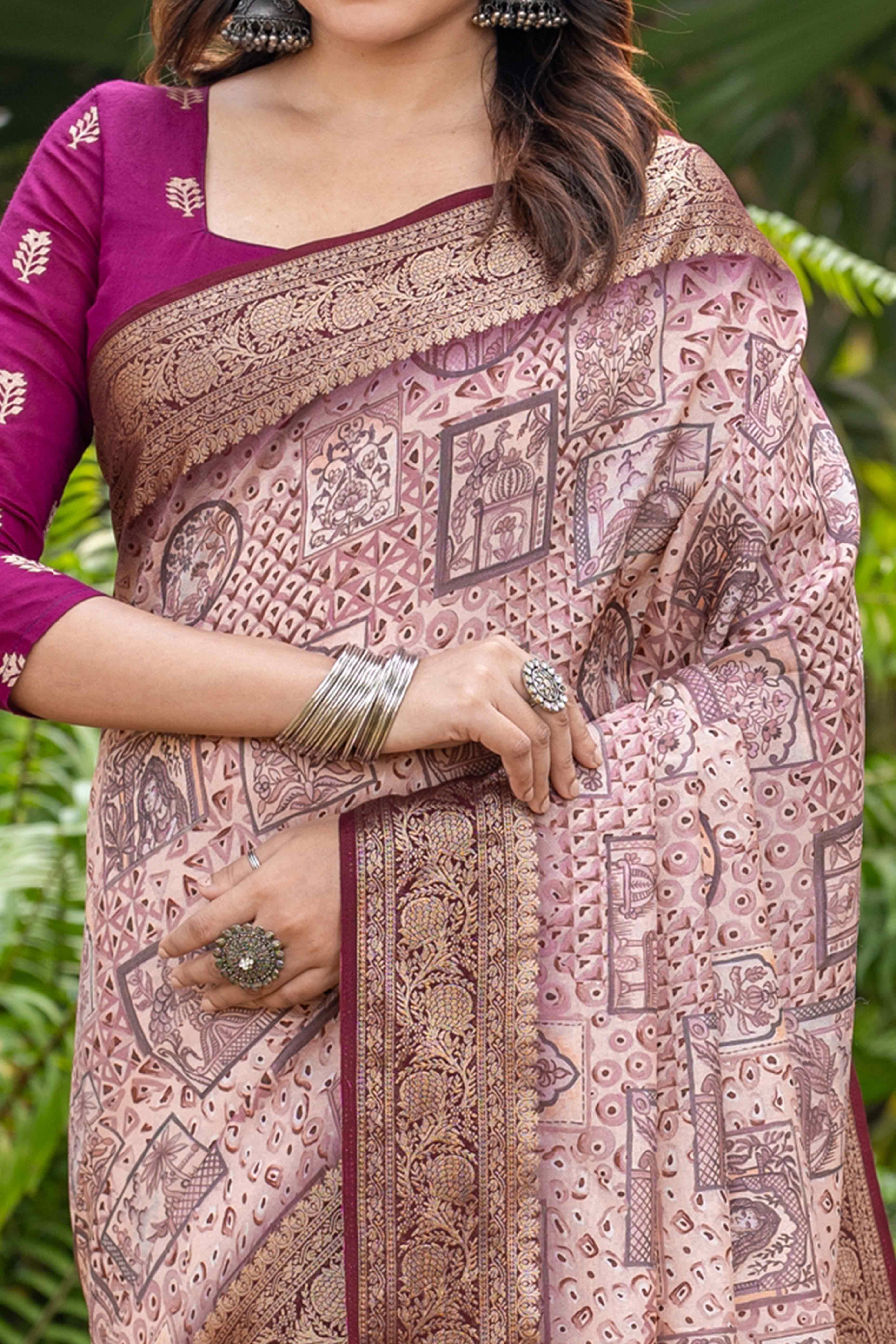 Light Pink Geometric Printed Viscose Saree