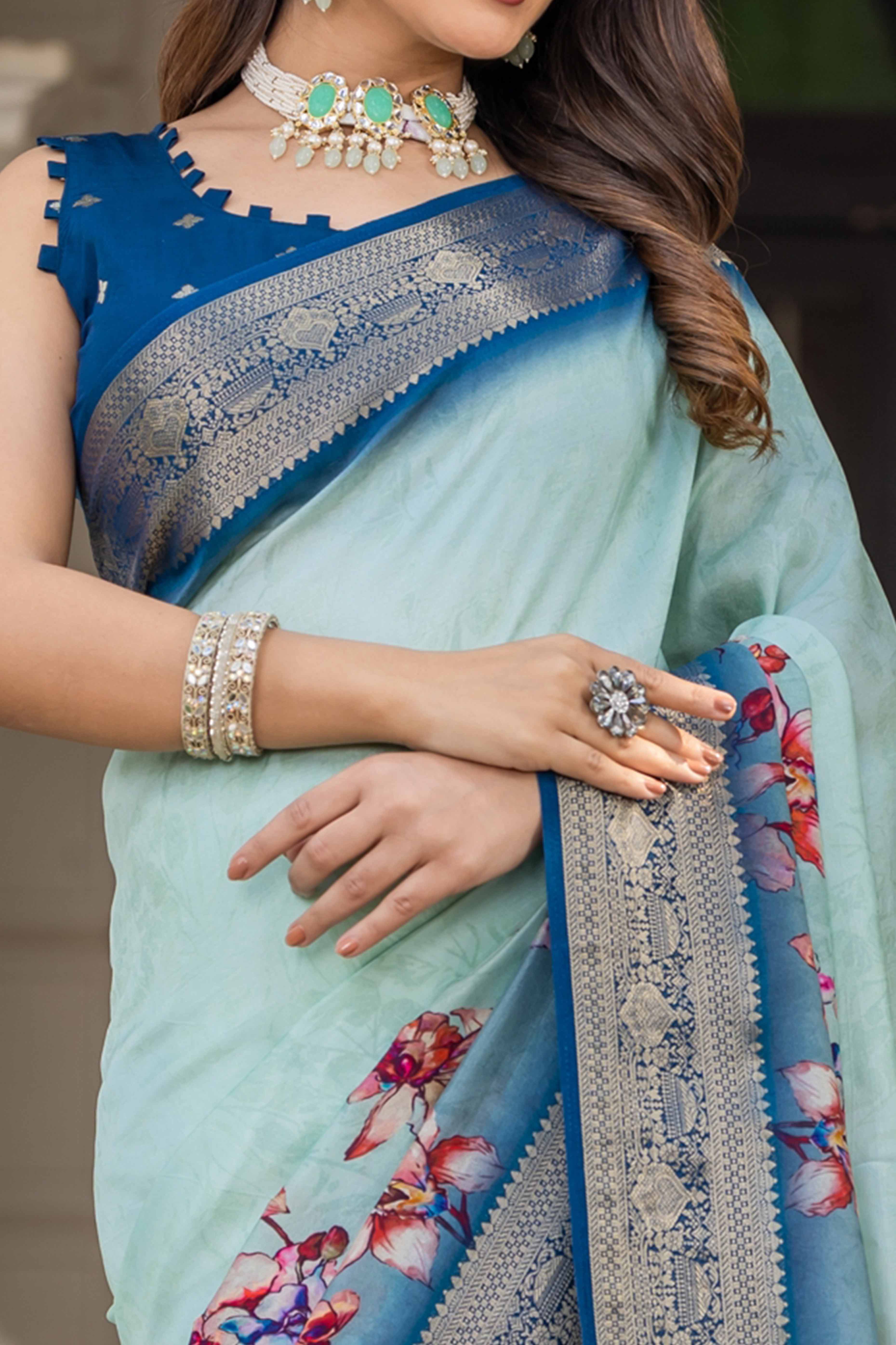 Sea Green Floral Printed Viscose Saree