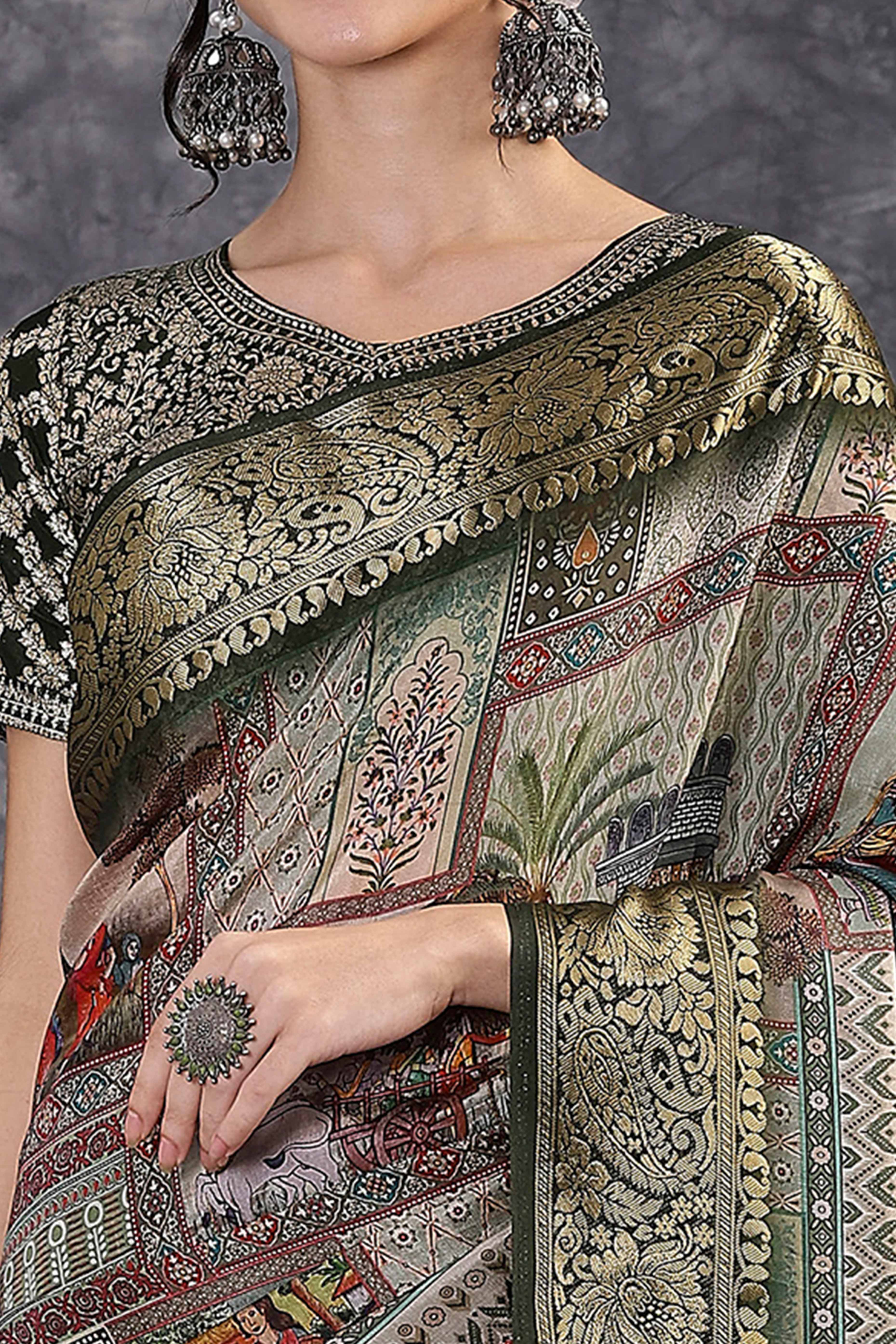 Light Olive Artistic Print Saree in Dola Silk with Woven Border