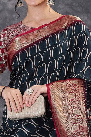 Black Artistic Print Saree in Dola Silk with Woven Border