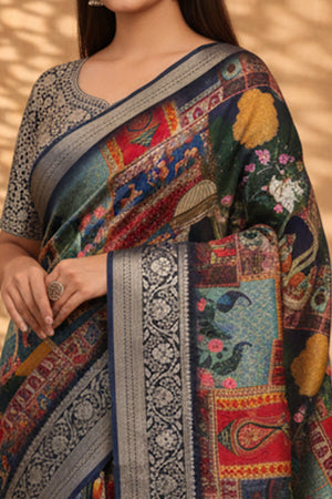Elegant Multicolor Floral Viscose Saree Highlighted With Intricate Weaving Border & Tassel Pallu
