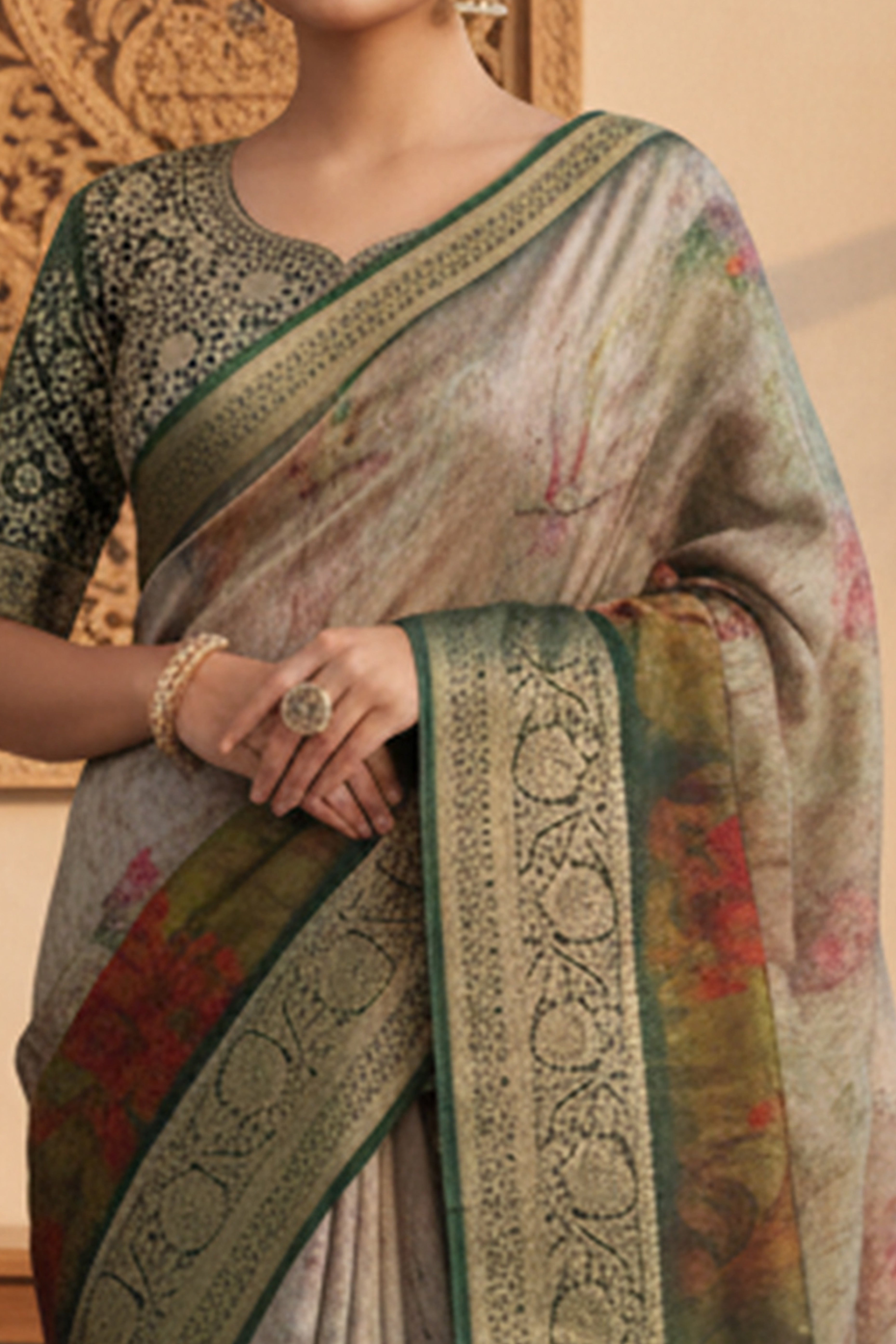 Elegant Green & Brown Floral Viscose Saree Highlighted With Intricate Weaving Border & Tassel Pallu