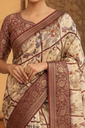 Elegant Cream & Maroon Floral Viscose Saree With Intricate Weaving Border & Tassel Pallu