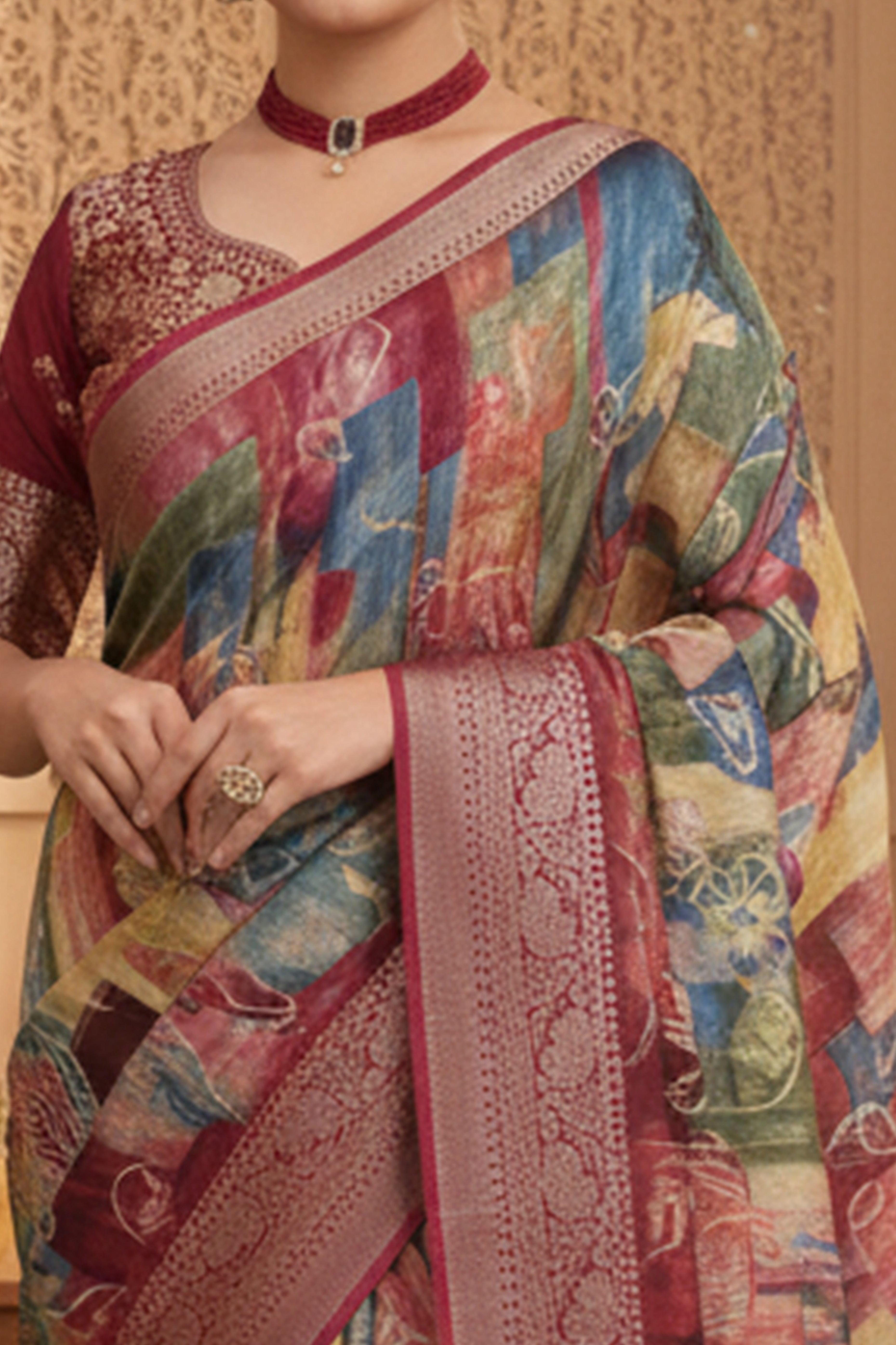 Elegant Multicolor Floral Viscose Saree Highlighted With Intricate Weaving Border & Tassel Pallu