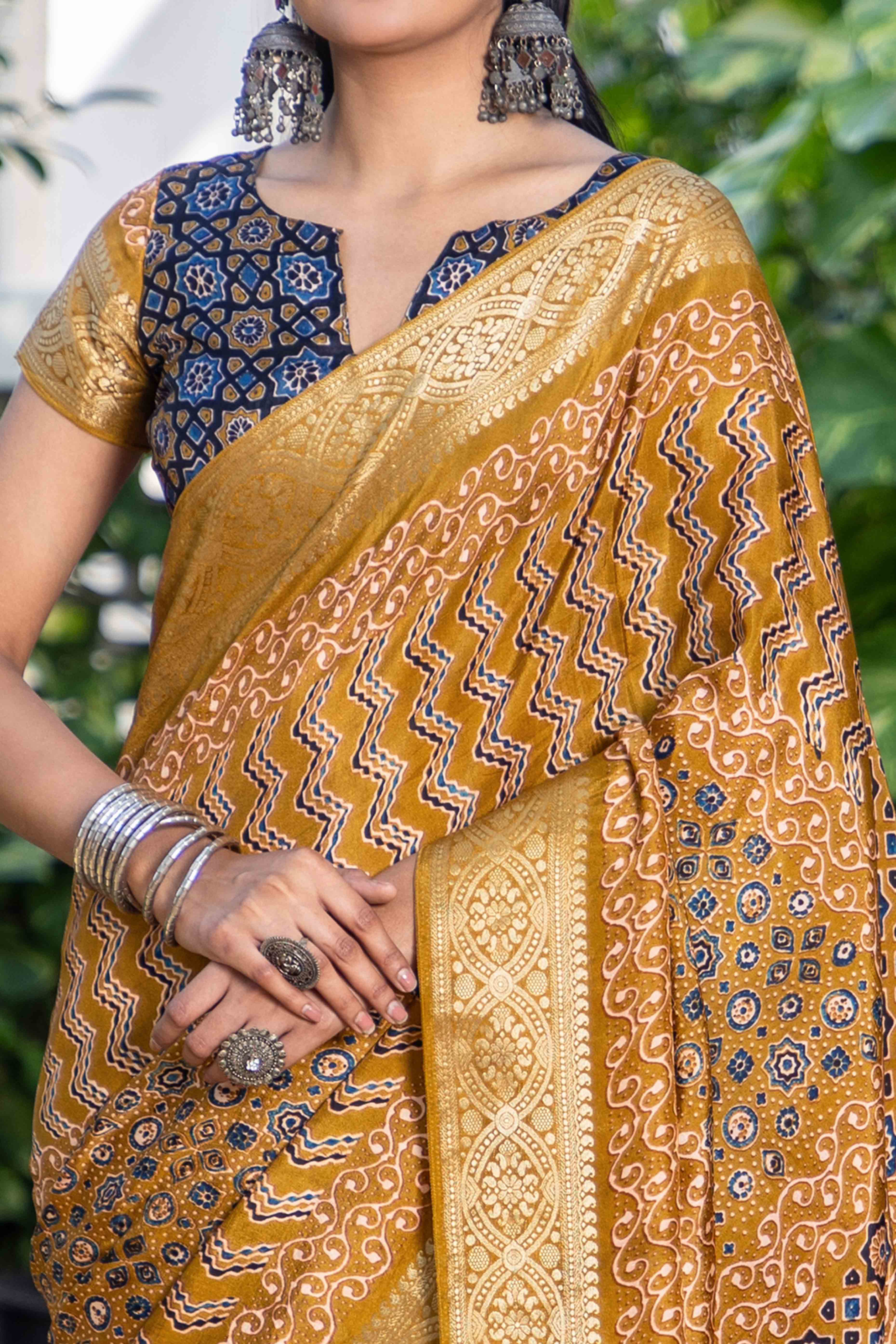 Mustard Ajrakh Printed Pure Viscose Saree