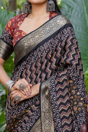 Black Ajrakh Printed Pure Viscose Saree