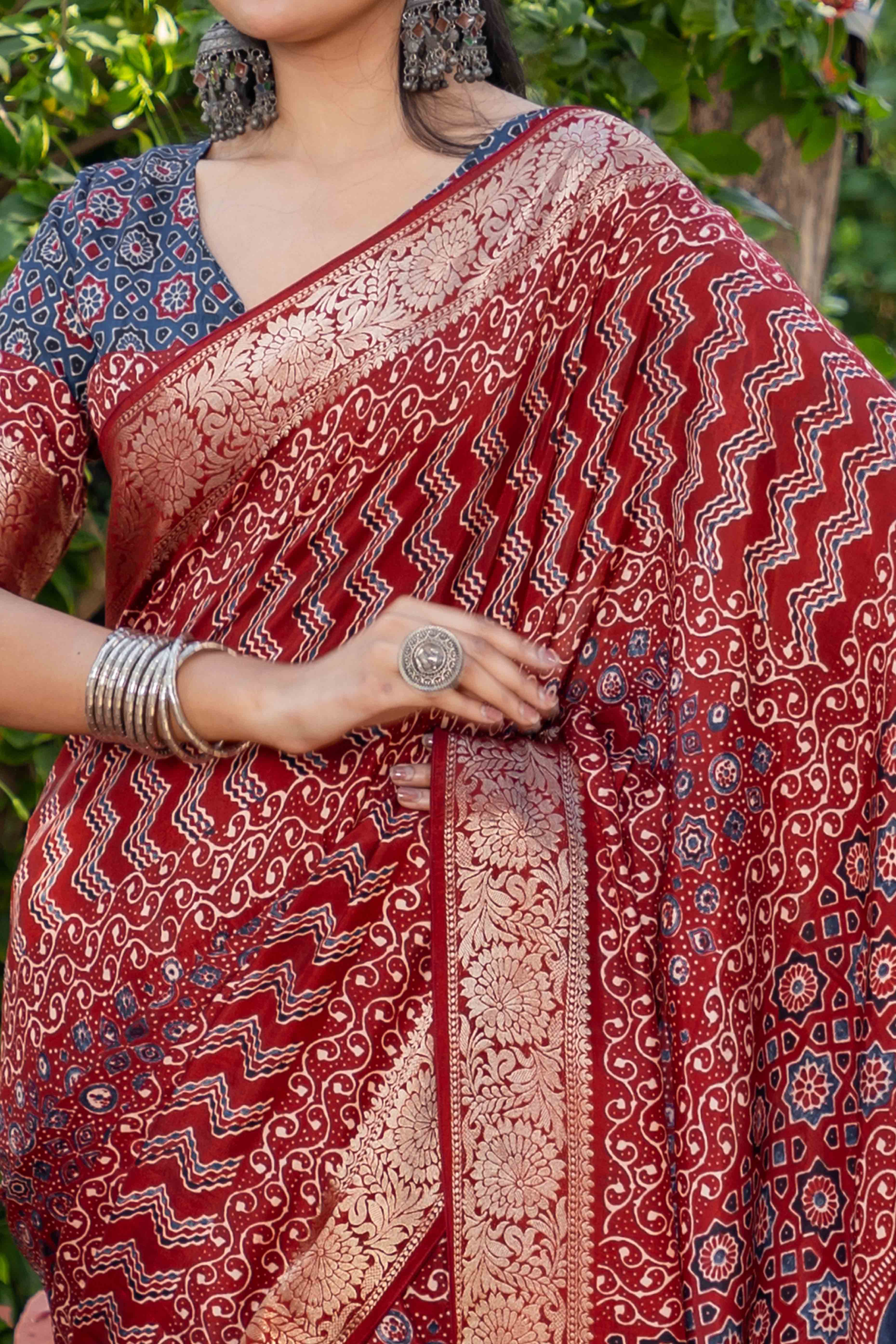 Red Ajrakh Printed Pure Viscose Saree