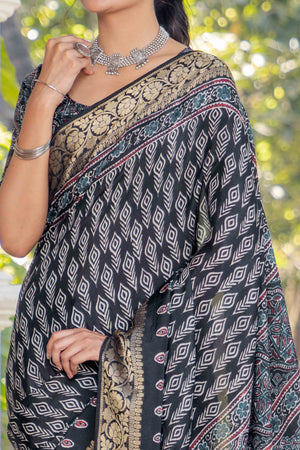 Black Ajrakh Printed Pure Viscose Saree