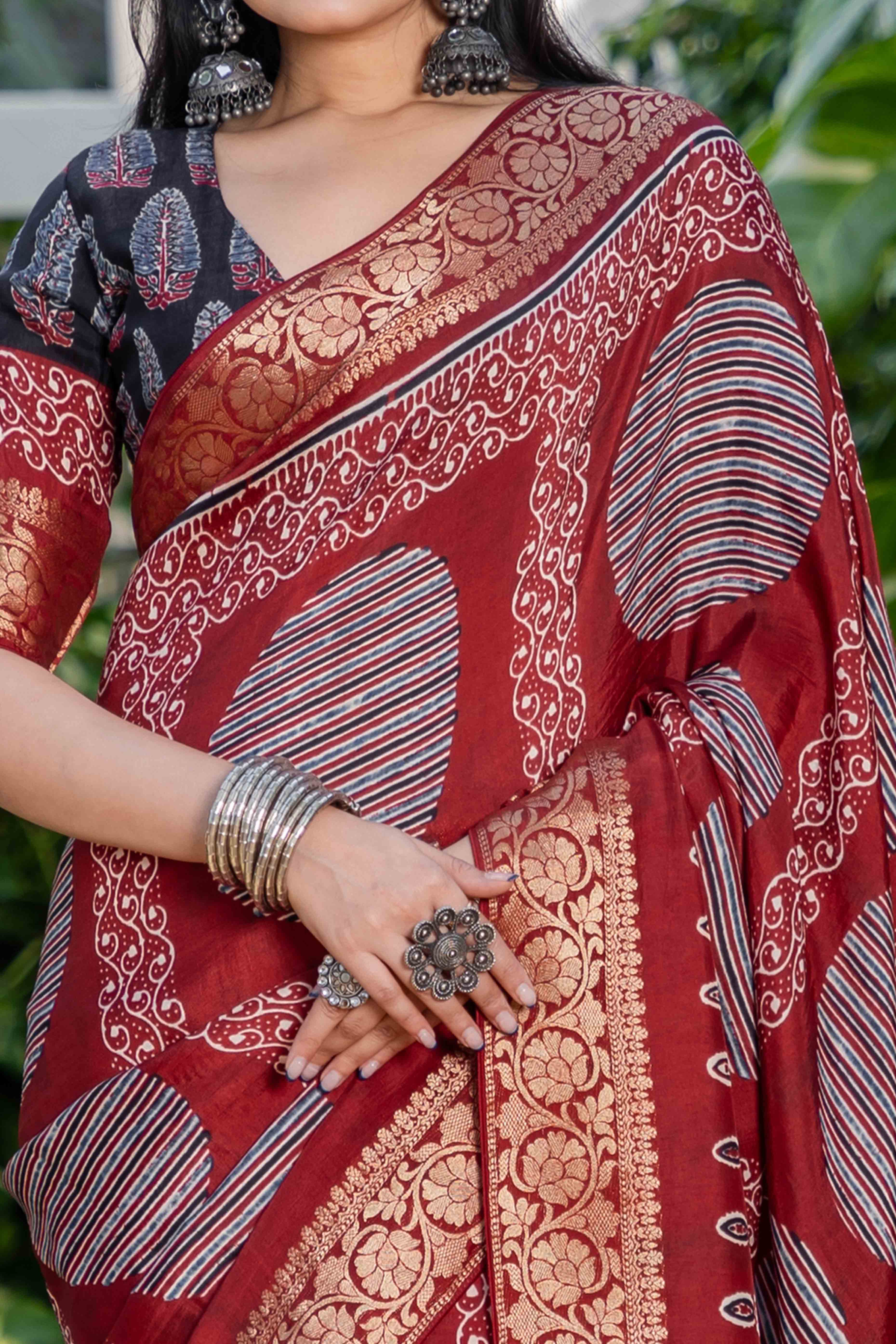Maroon Ajrakh Printed Pure Viscose Saree