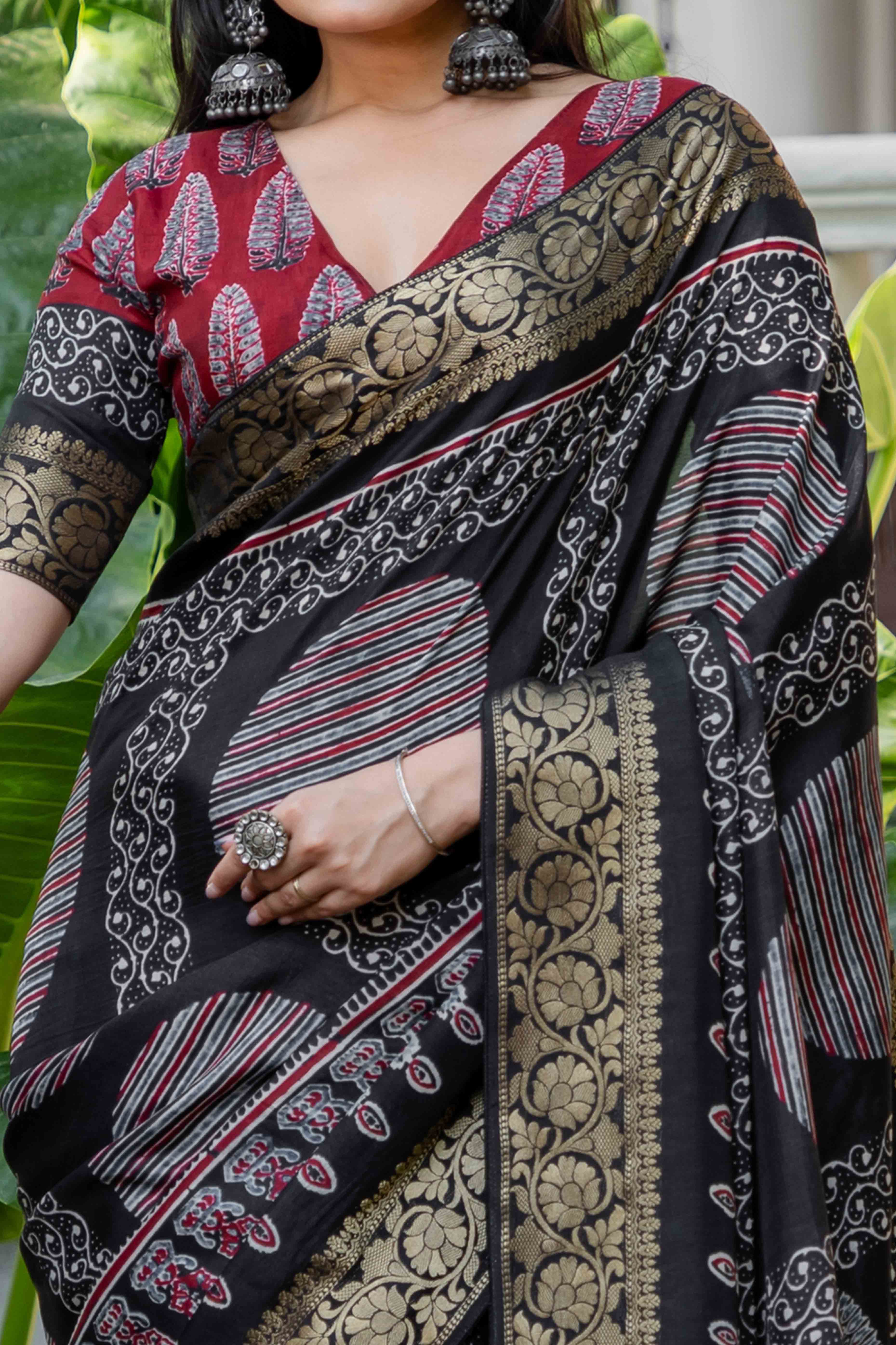 Black Ajrakh Printed Pure Viscose Saree