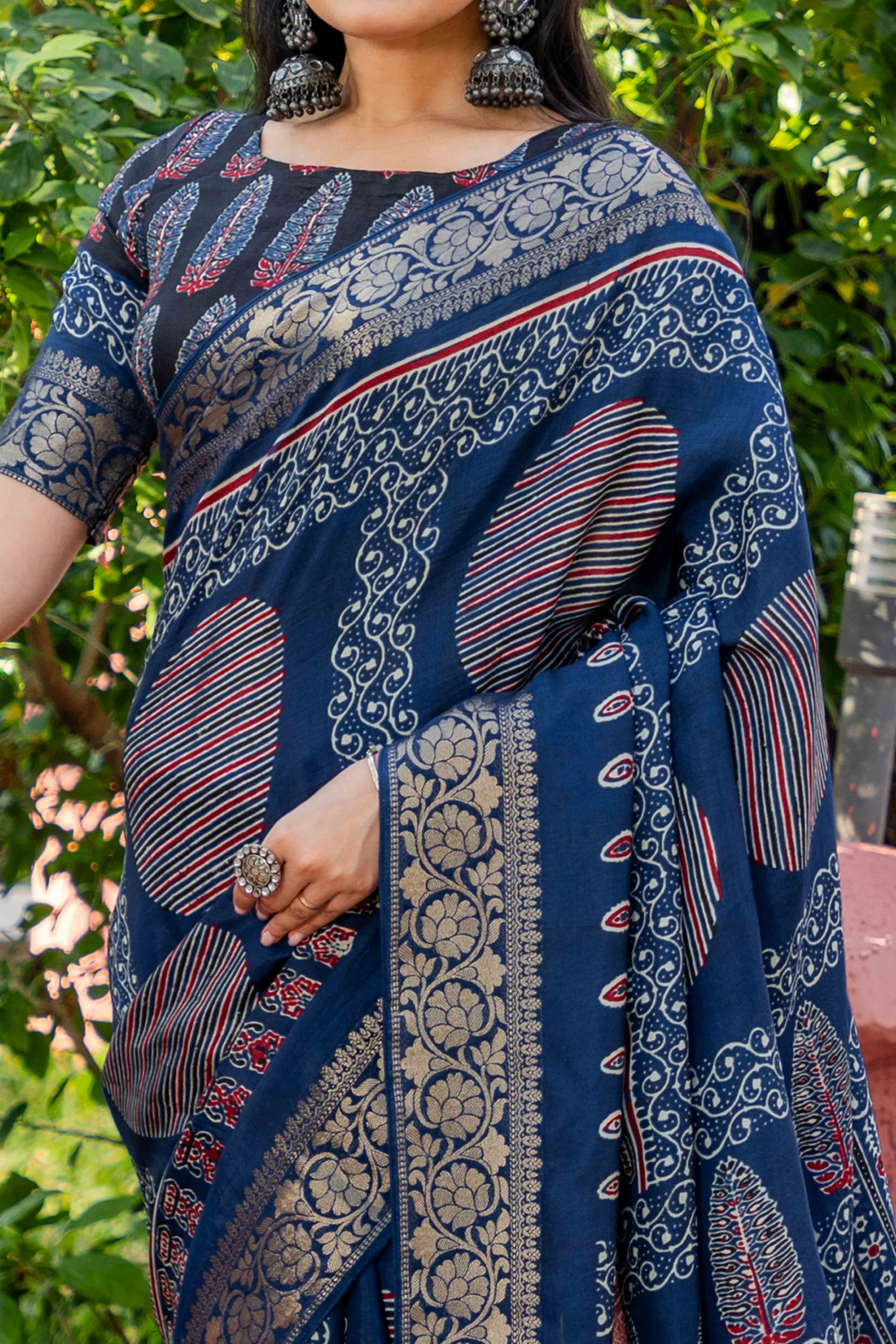 Teal Ajrakh Printed Pure Viscose Saree