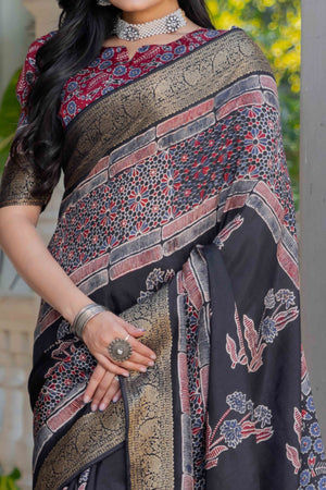 Black Ajrakh Printed Pure Viscose Saree