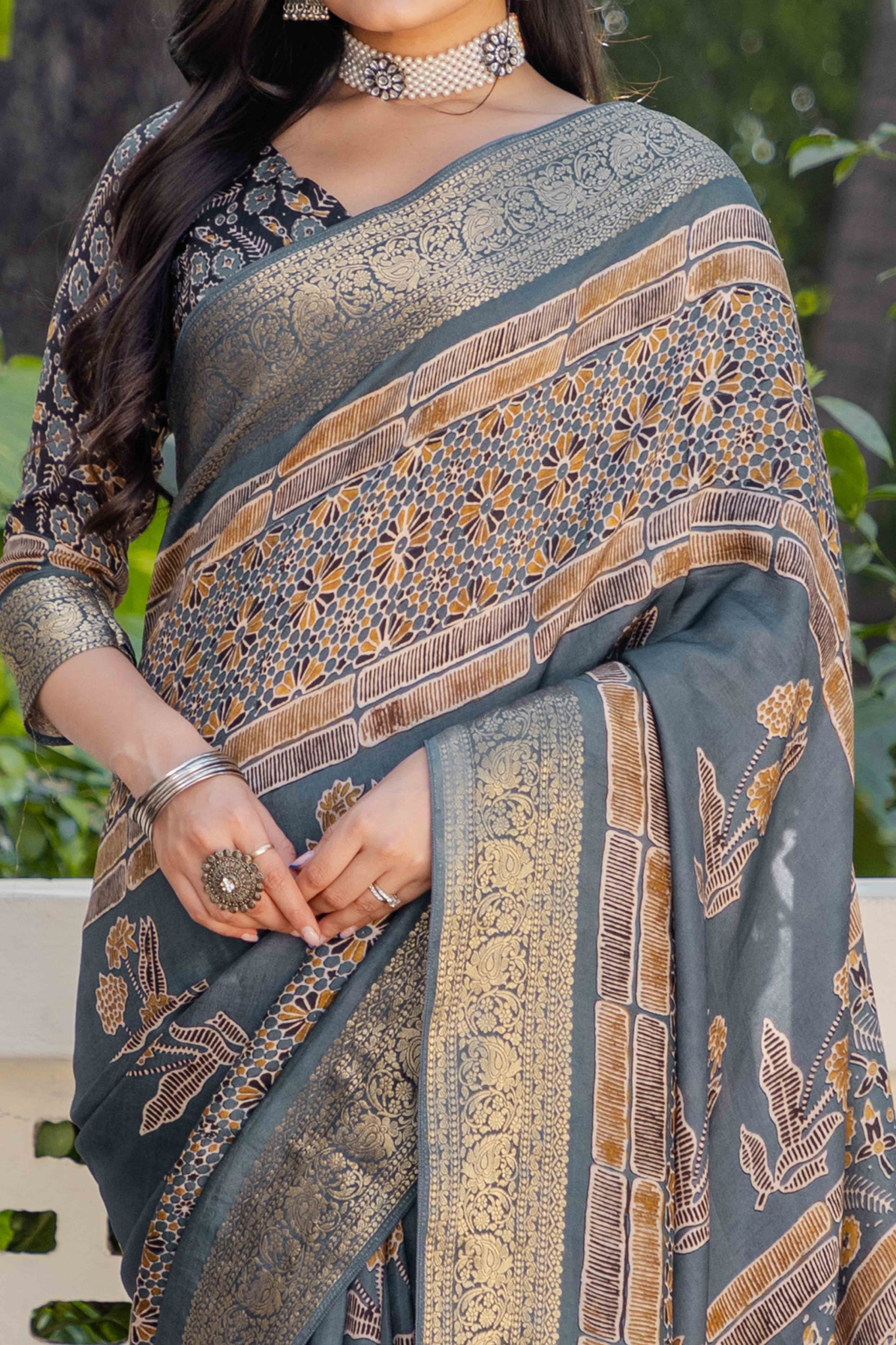 Grey Ajrakh Printed Pure Viscose Saree
