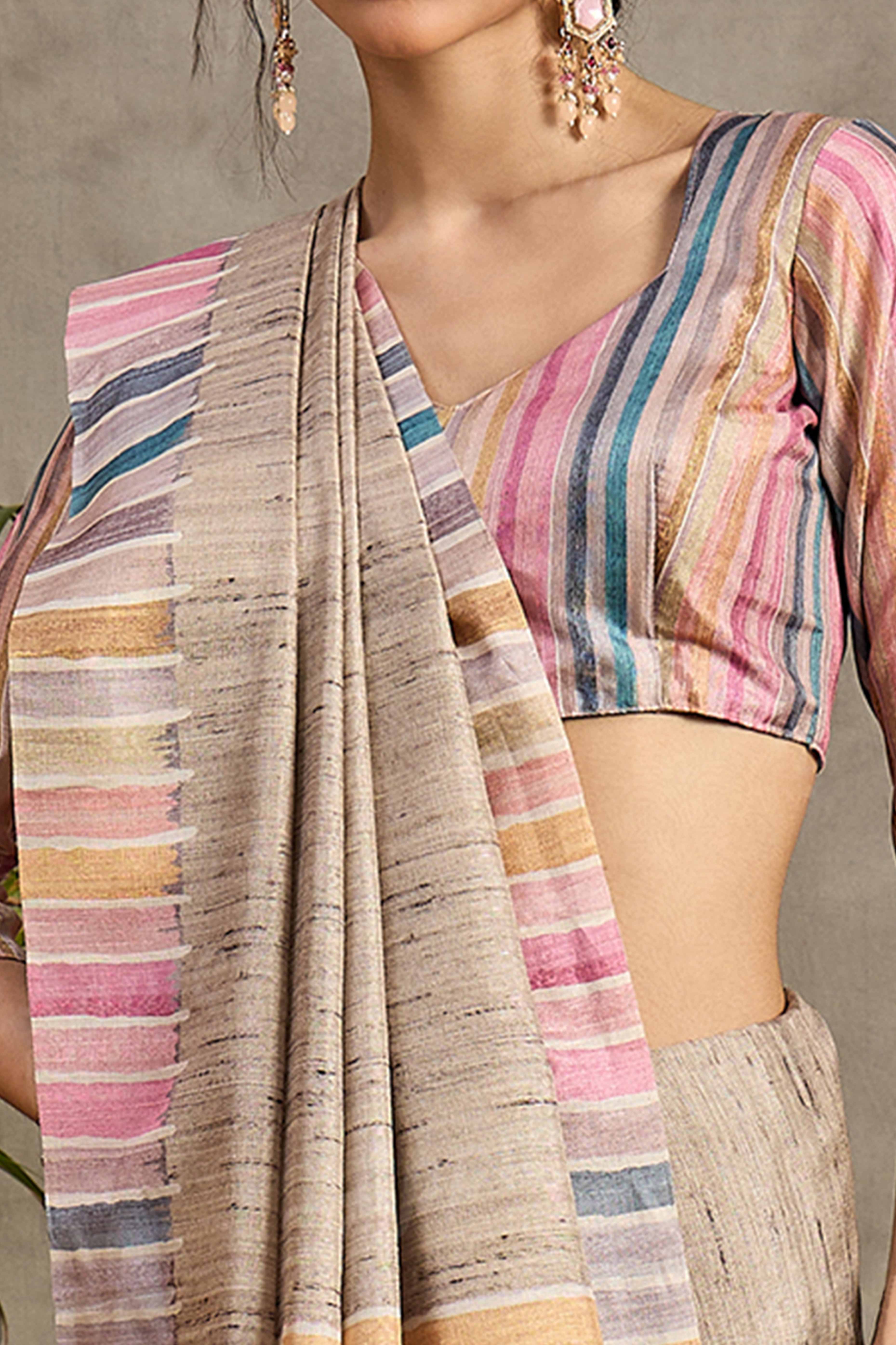 Beige Geometric Pattern Heritage Handloom Saree in Soft Cotton Silk
