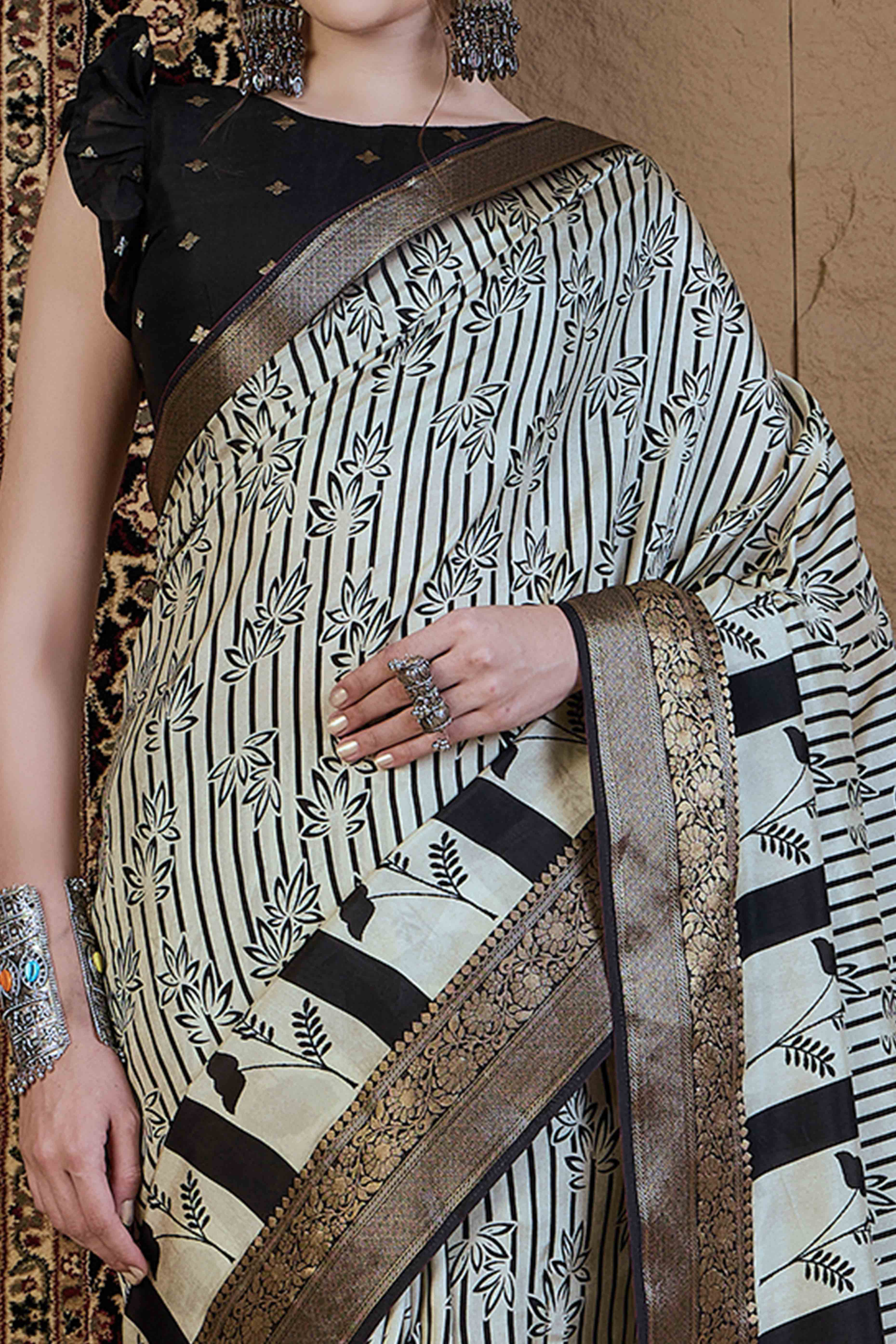 Off White & Black Floral Printed Viscose Saree